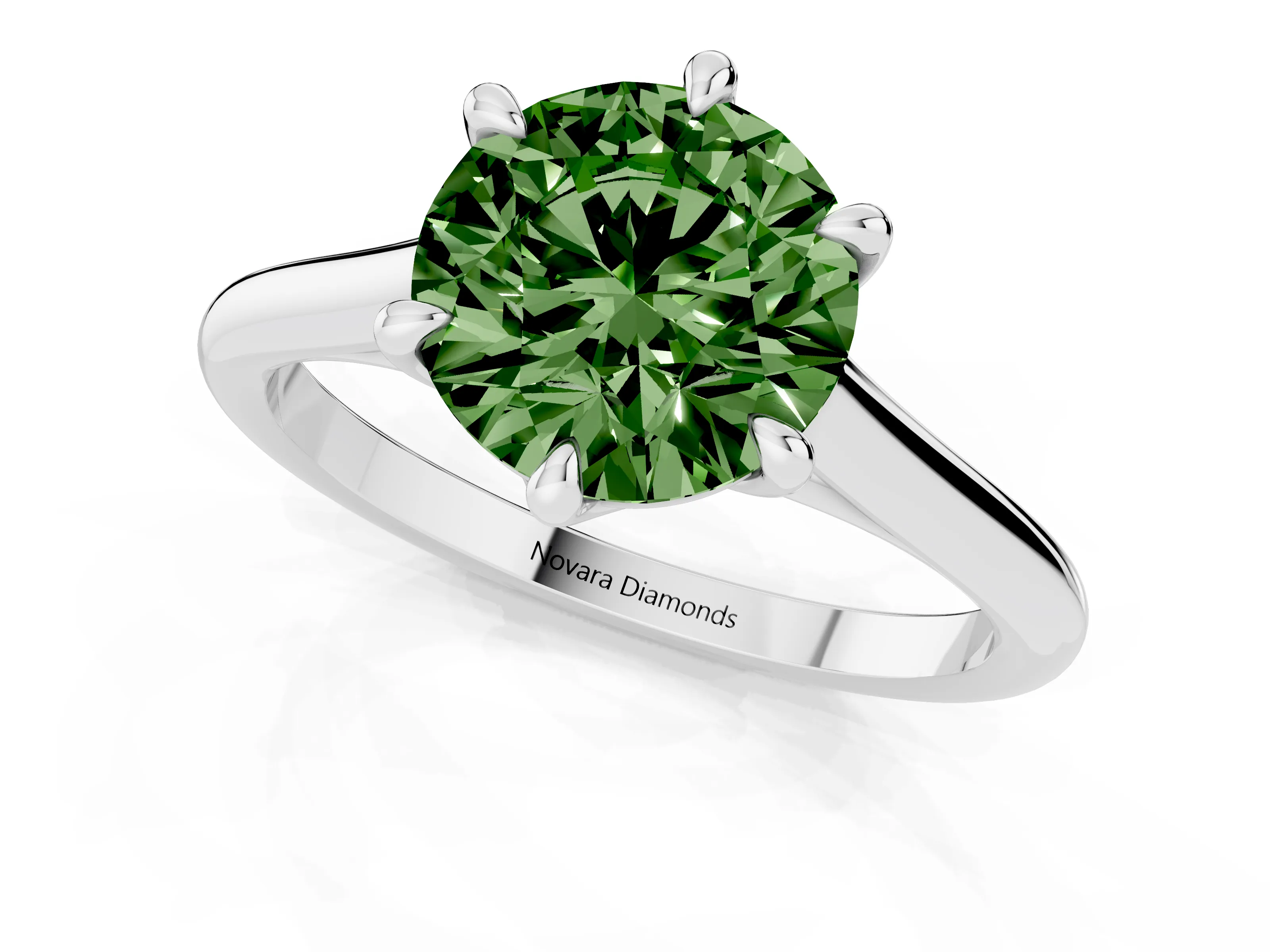 Fancy Green Round Cut Diamond Solitaire Engagement Ring Set in White gold with Prong Setting and Plain Classic Band