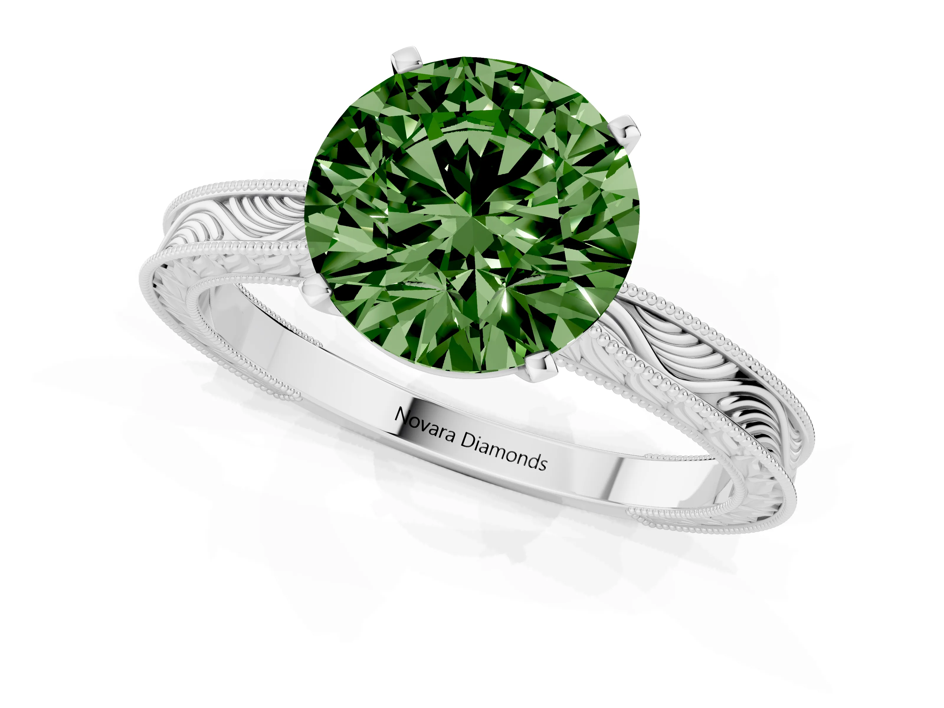 Fancy Green Round Cut Diamond Solitaire Milgrain Engraved Band Set in Platinum with Prong Setting