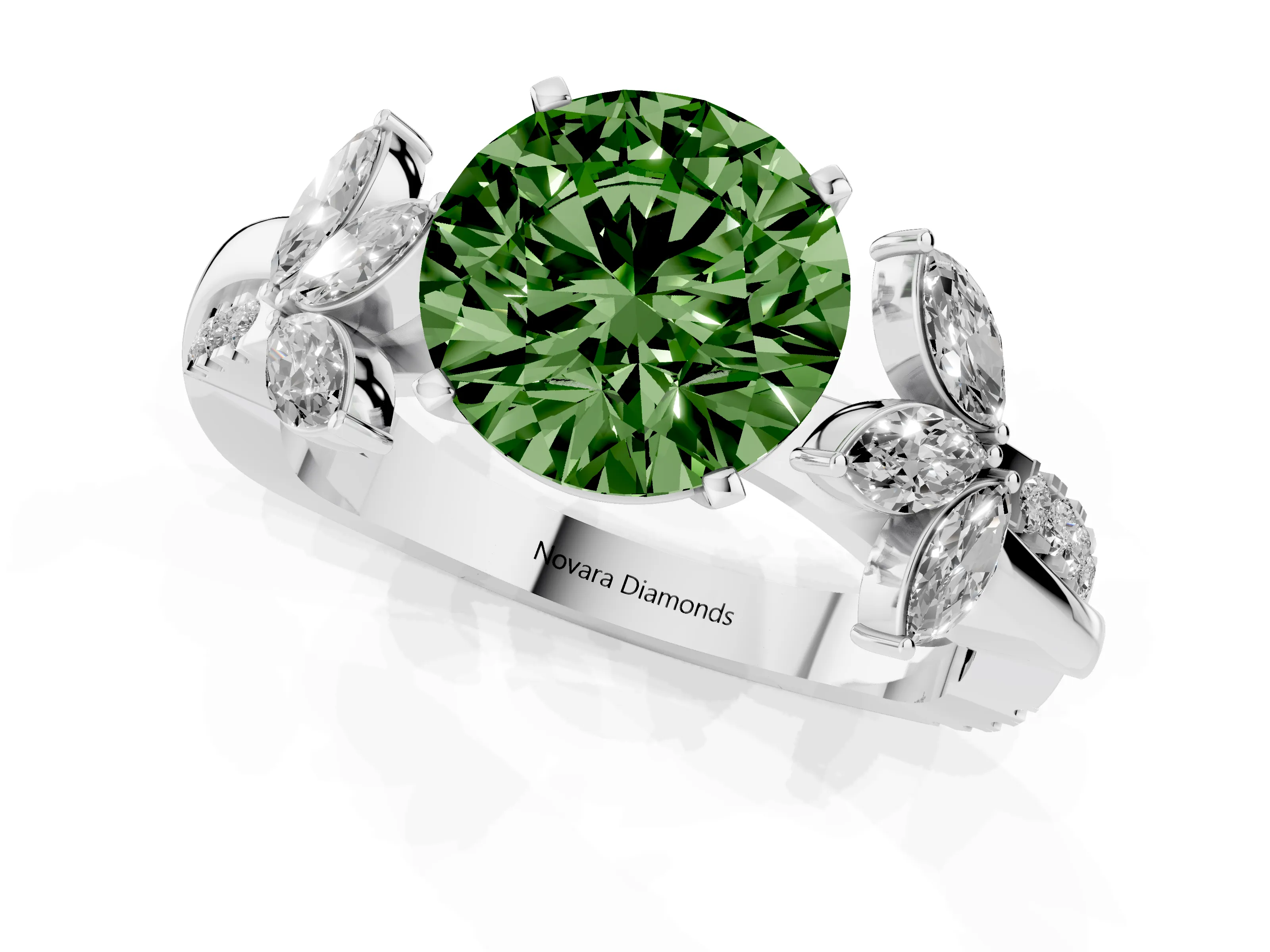 Fancy Green Round Cut Diamond Floral Vine Solitaire Engagement Ring Set in Platinum with Marquise Leaves