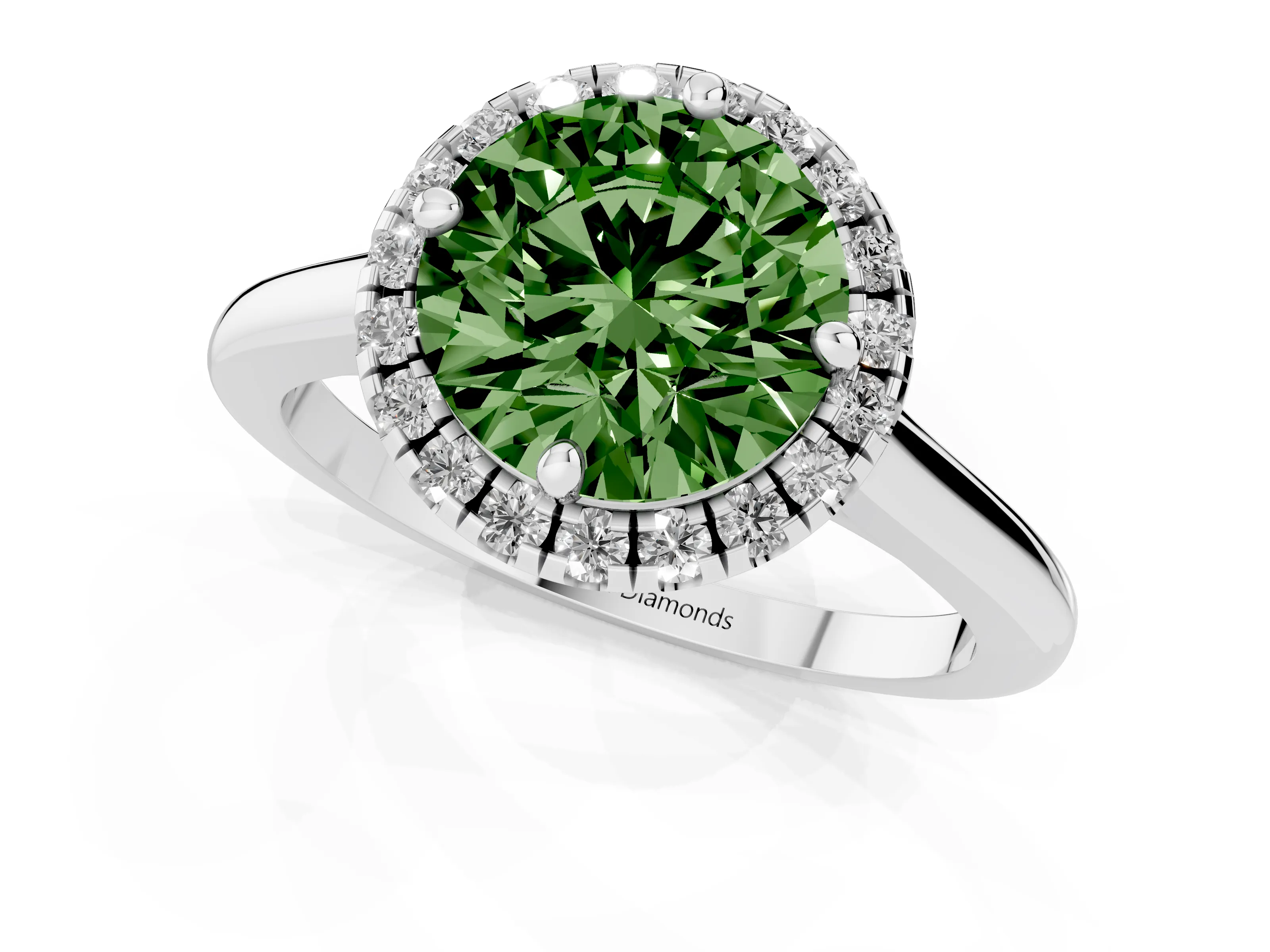 Fancy Green Round Cut Diamond Halo Engagement Ring Set in Platinum with Pavé Band and Rising Shoulders
