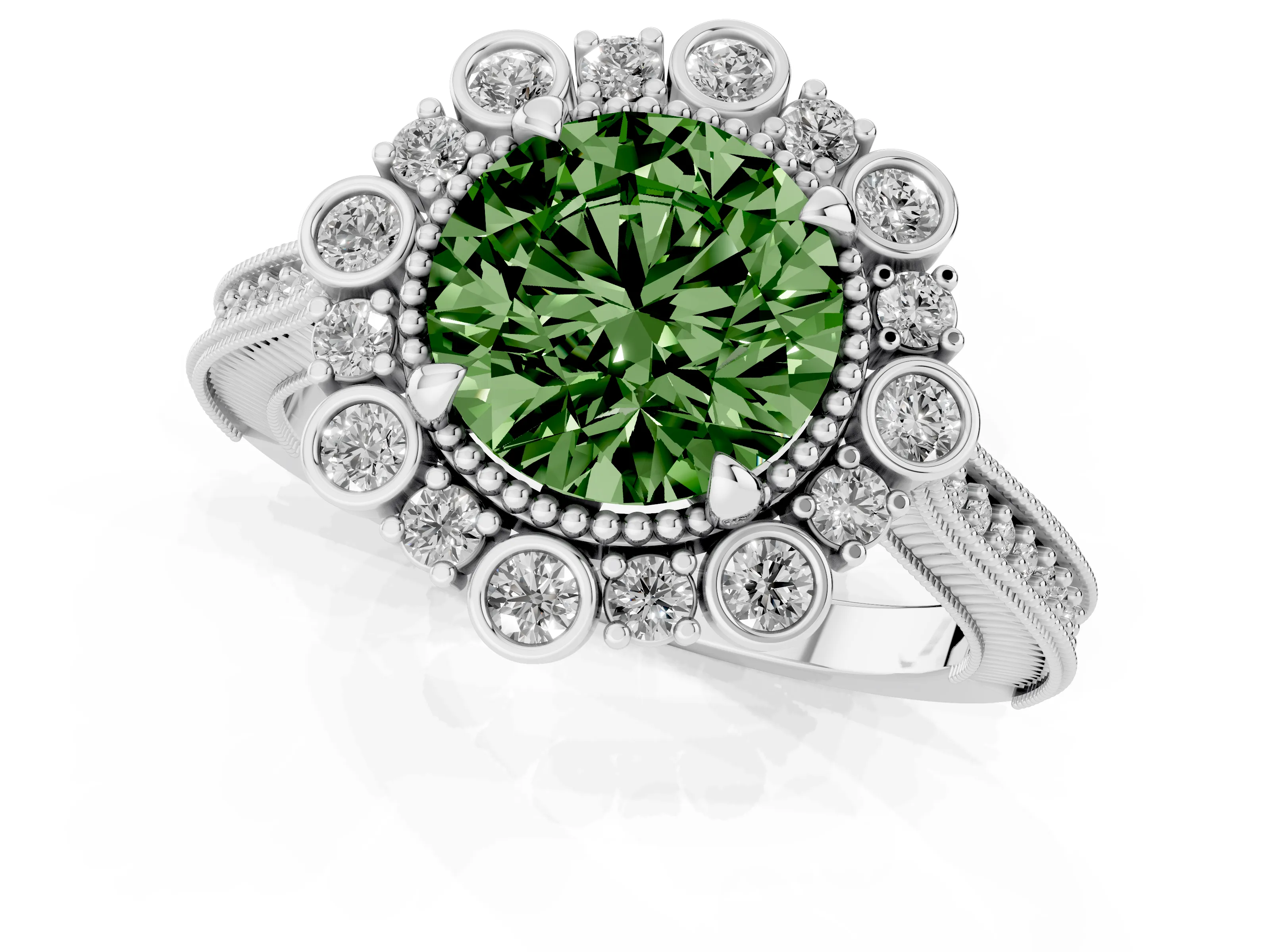 Fancy Green Round Cut Diamond Halo Milgrain Pavé Ring Set in White gold with Prong Setting
