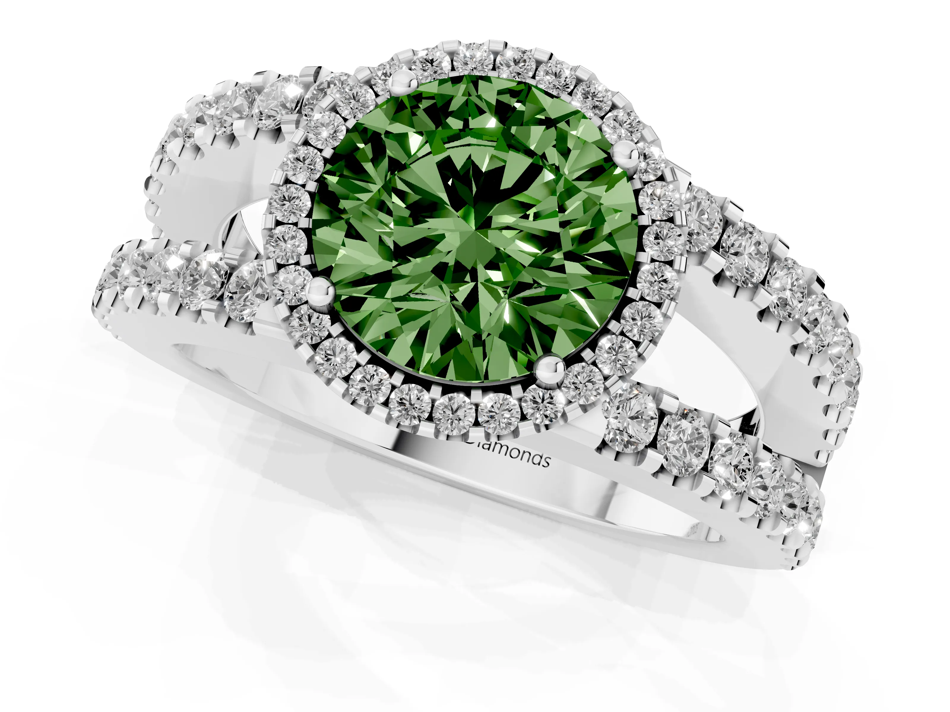 Fancy Green Round Cut Diamond Halo Ring Set in Silver with Pavé Split Shank and Prong Setting
