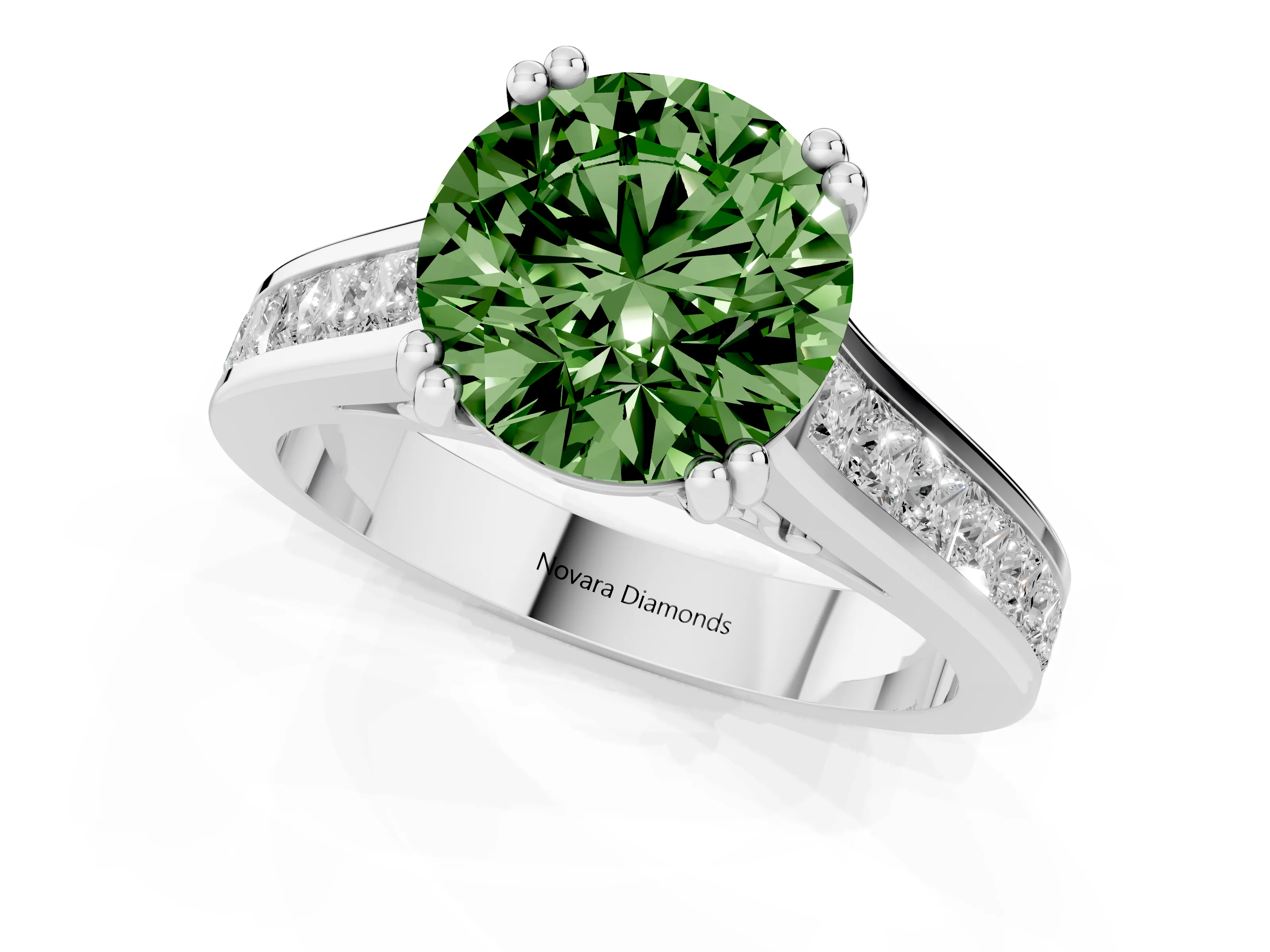 Fancy Green Round Cut Diamond Channel Set Solitaire Engagement Ring Set in Silver with Prong Setting
