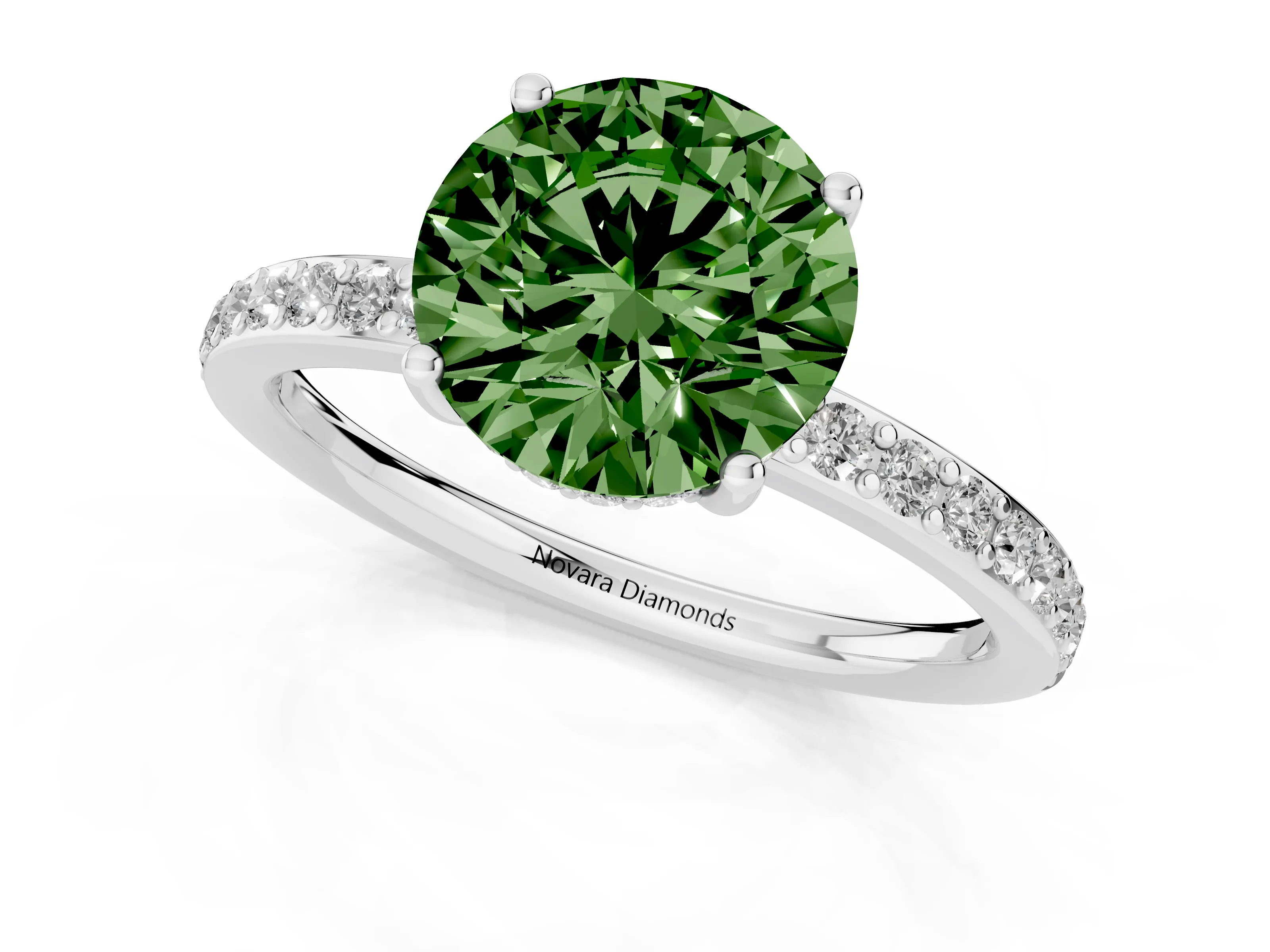 Fancy Green Round Cut Diamond Pavé Band Ring Set in White gold with Prong-Set Center Stone