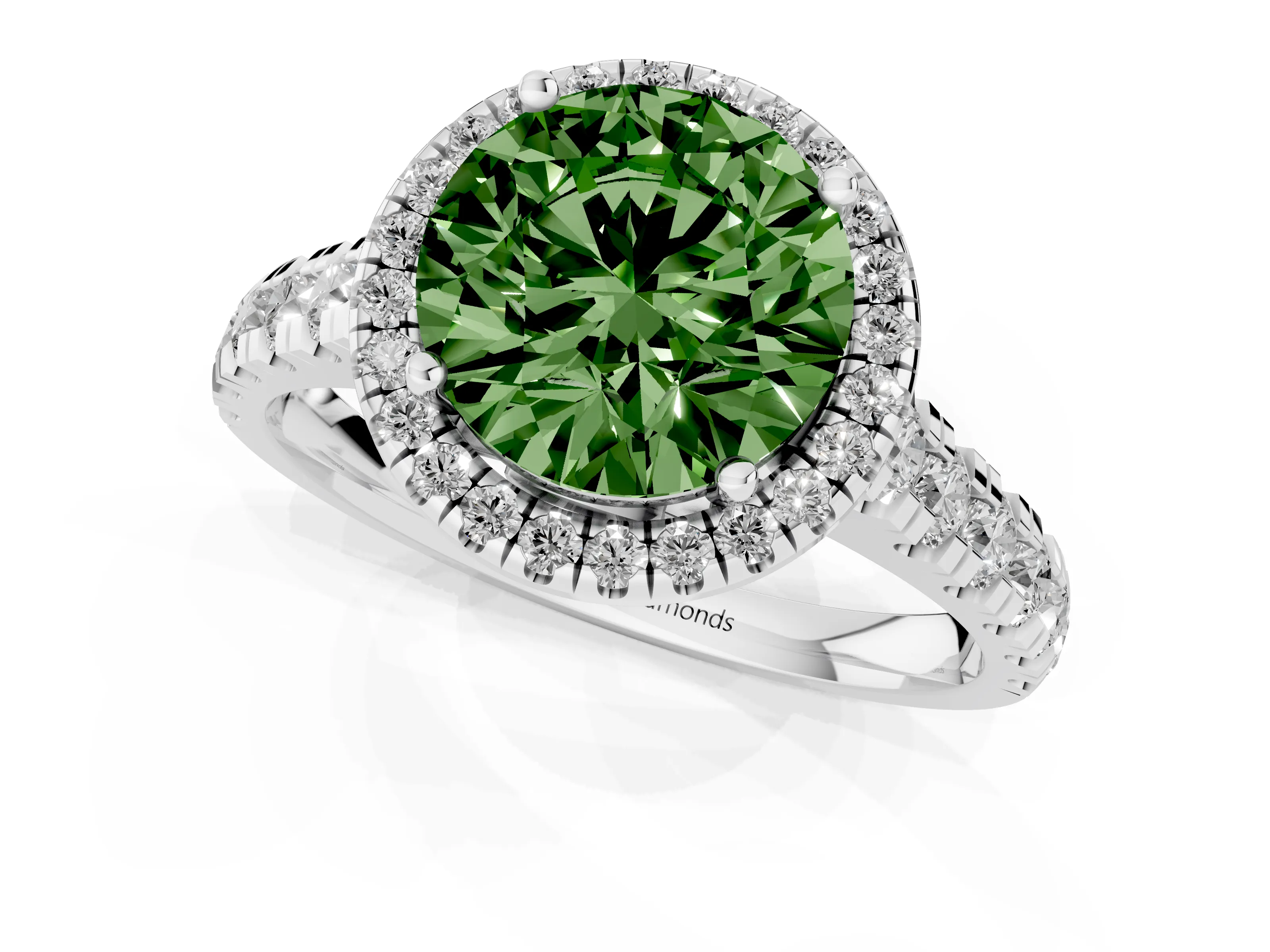 Fancy Green Round Cut Diamond Halo Engagement Ring Set in Platinum with Pavé Band and Prong-Set Center