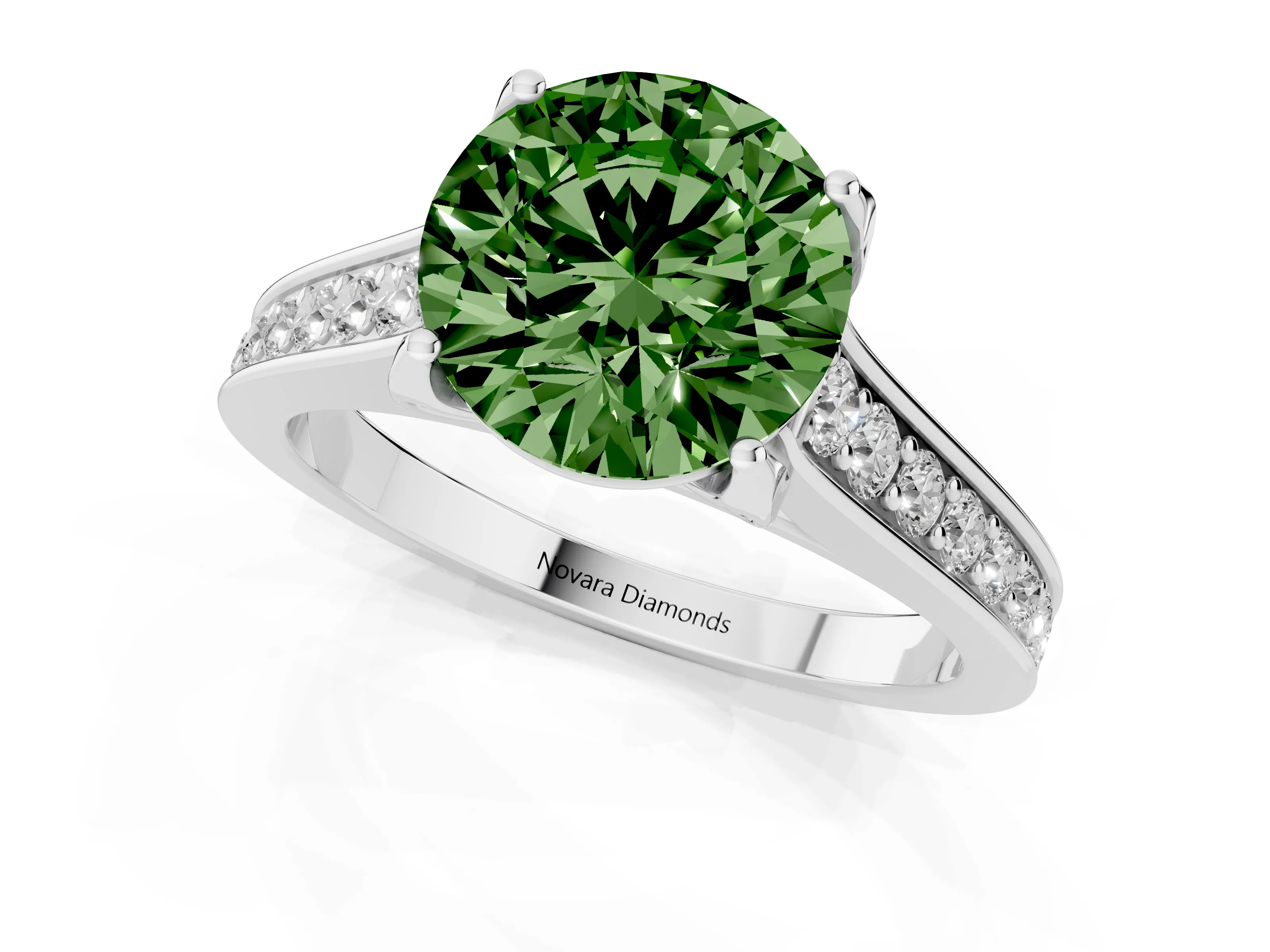 Fancy Green Round Cut Diamond Solitaire Pavé Engagement Ring Set in White gold with Prong Setting