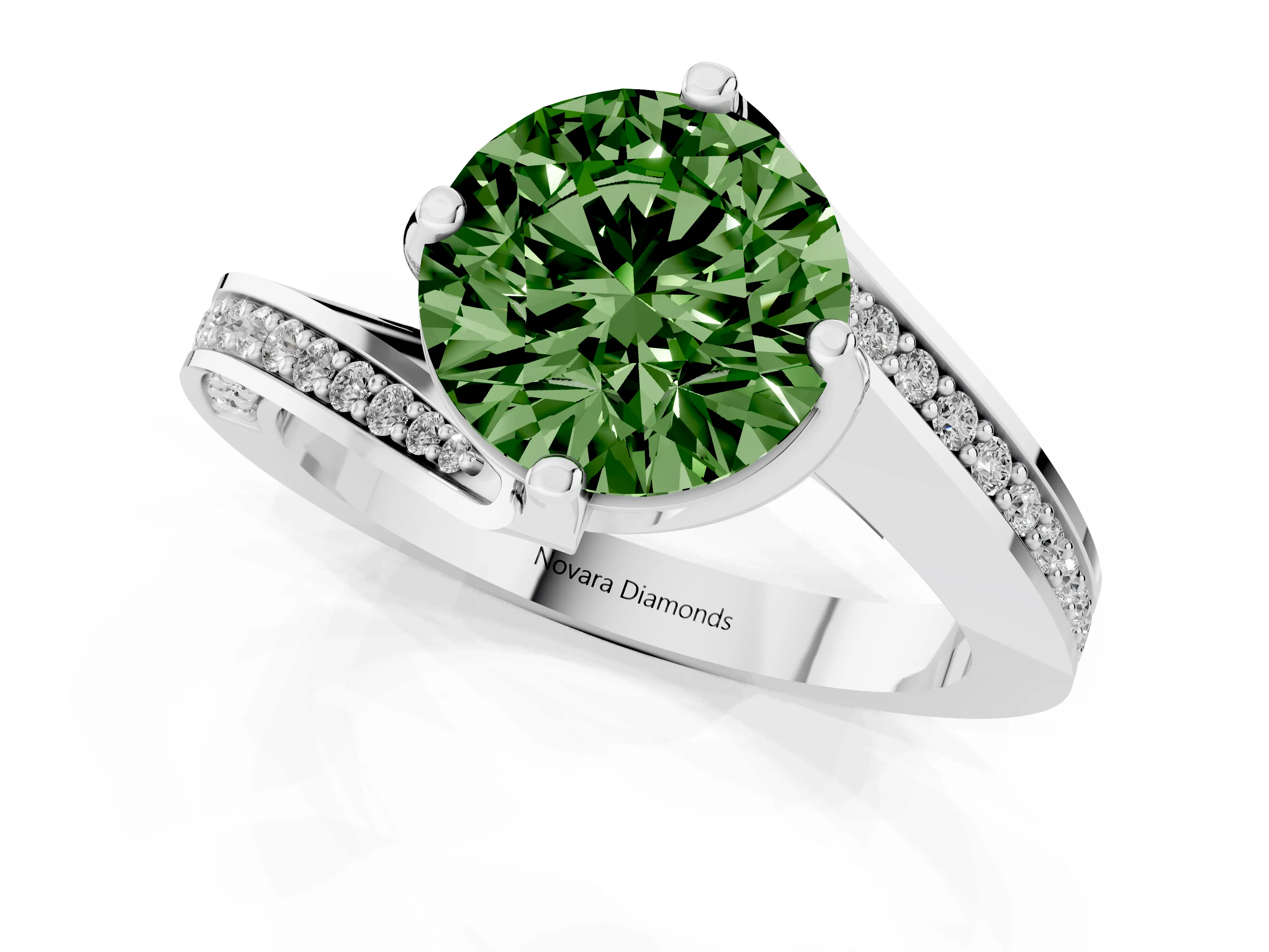 Fancy Green Round Cut Diamond Solitaire Ring Set in White gold with Intertwined Pavé Twist Band