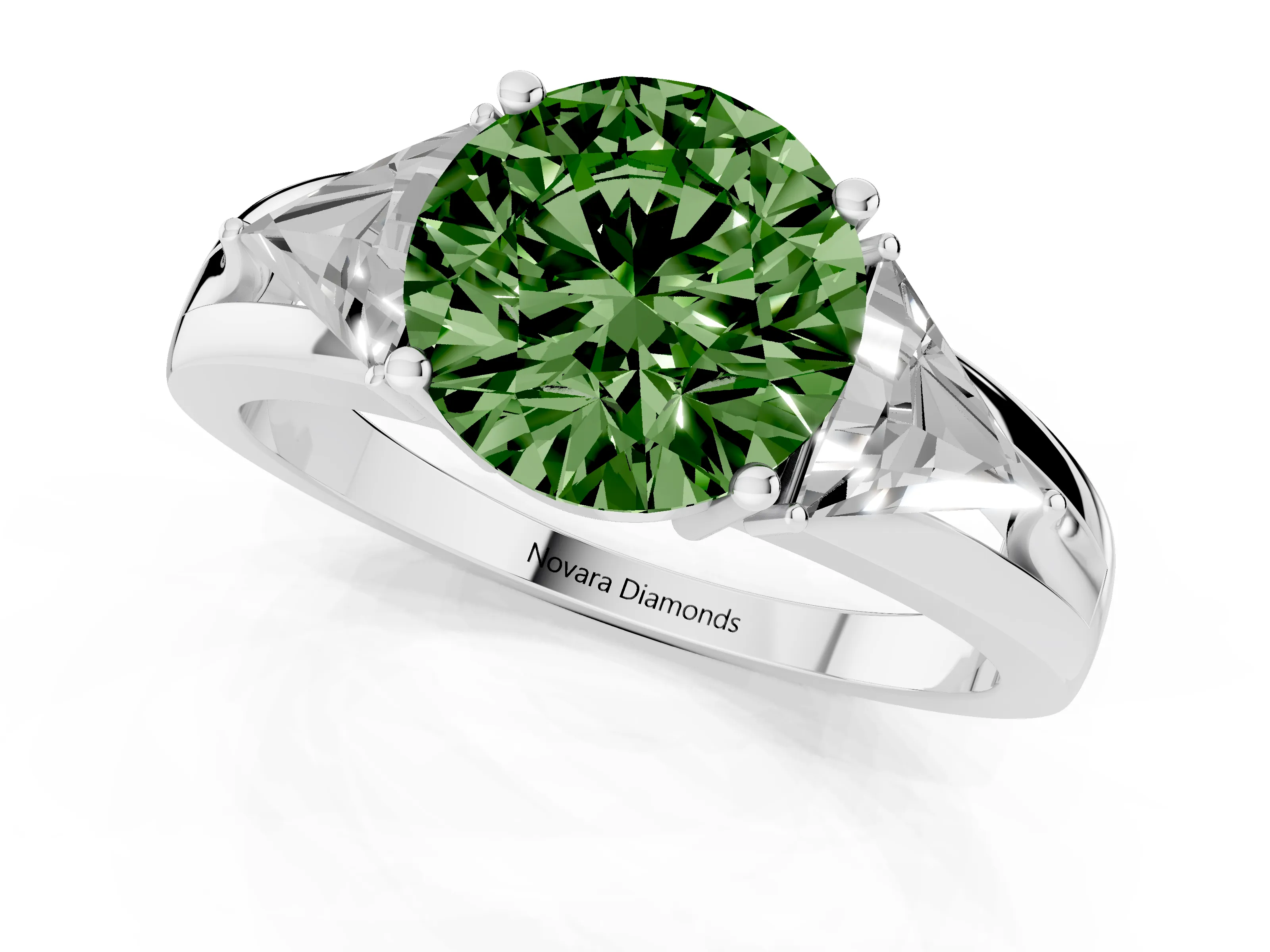 Fancy Green Round Cut Diamond Three-Stone Ring Set in Silver with Trillion Side Stones and Split Shank