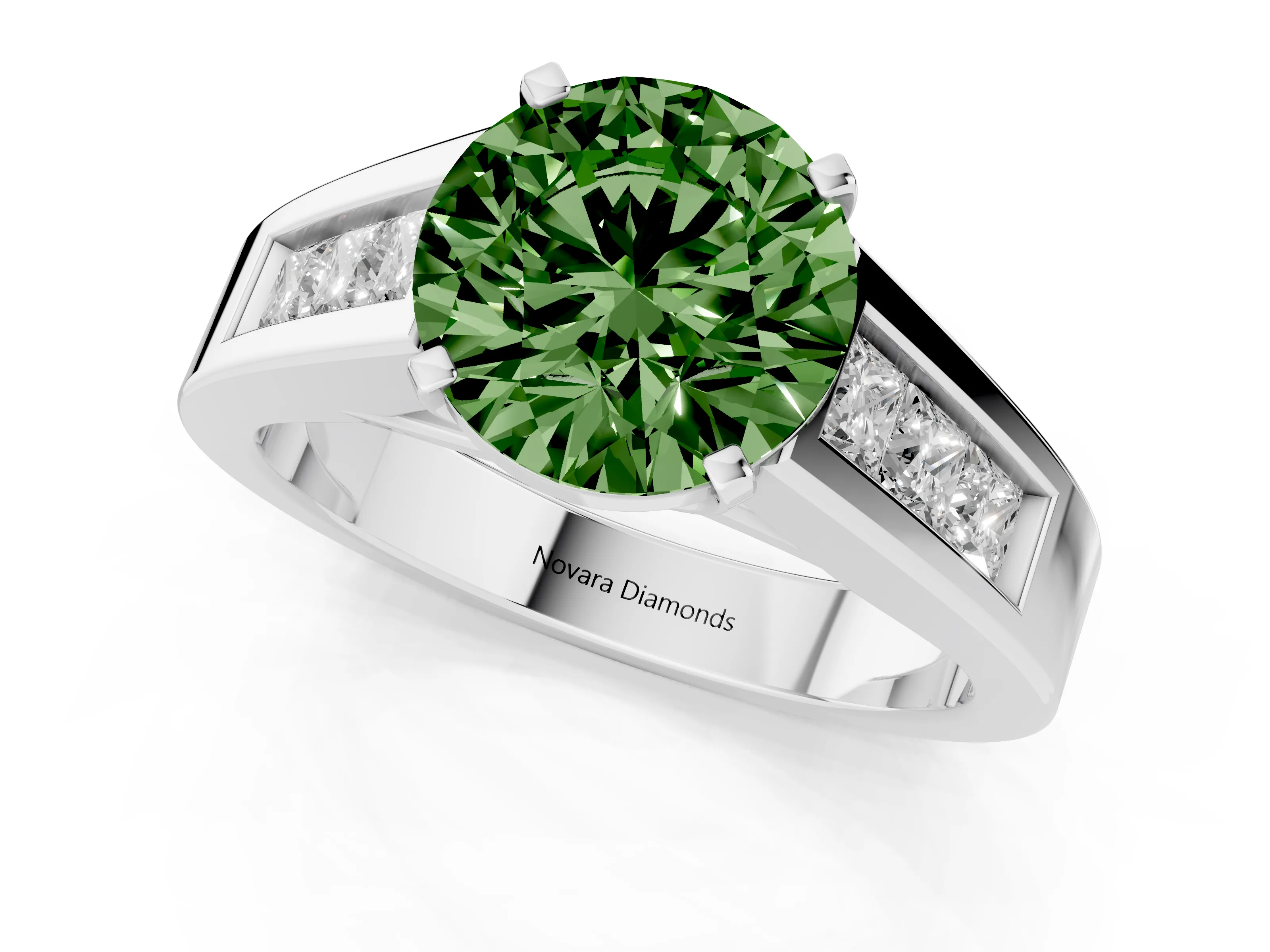 Fancy Green Round Cut Diamond Solitaire Ring Set in Silver with Channel-Set Accent Stones and Prong Setting