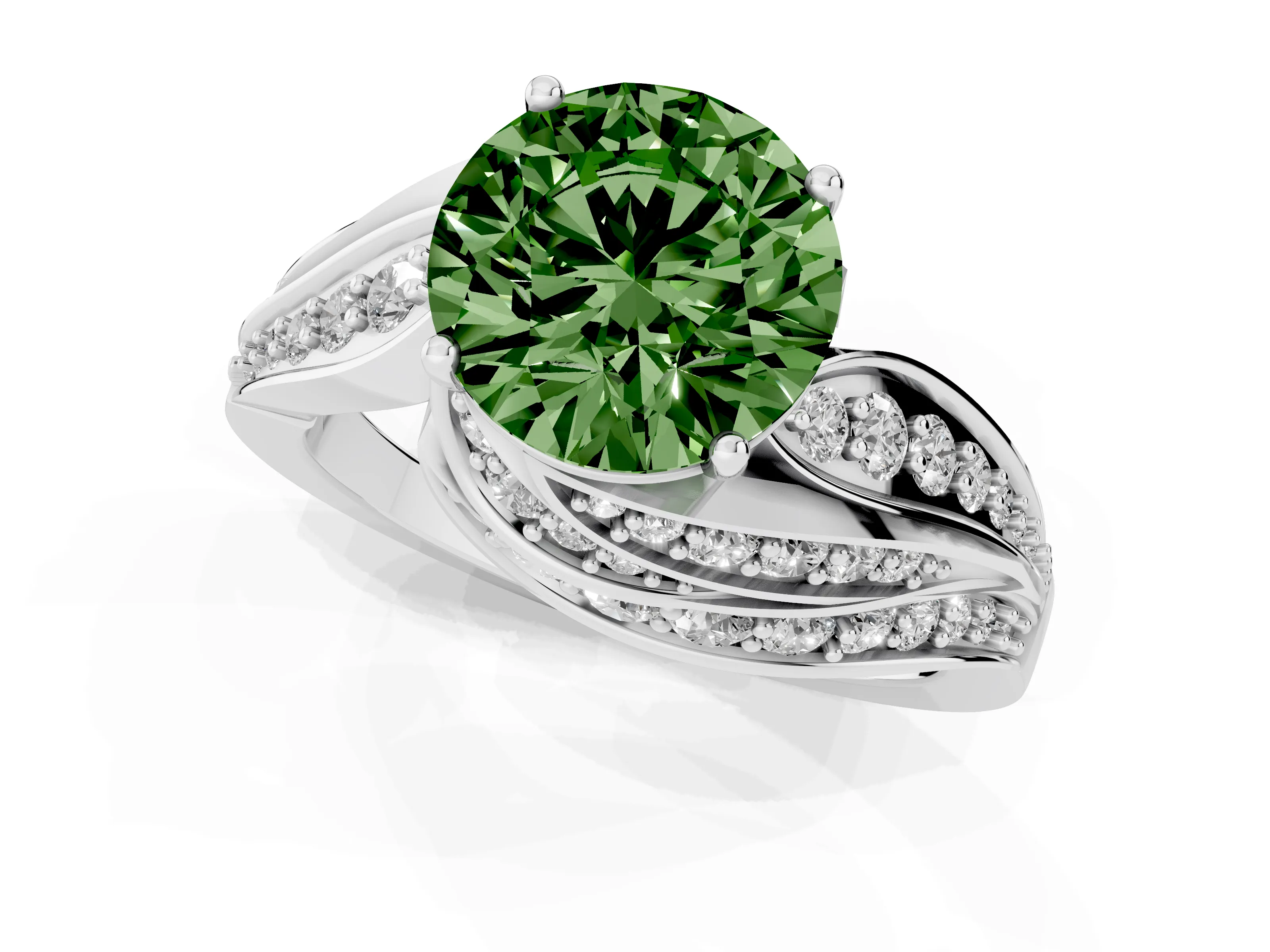 Fancy Green Round Cut Diamond Solitaire Ring Set in Silver with Layered Twist Pavé Band