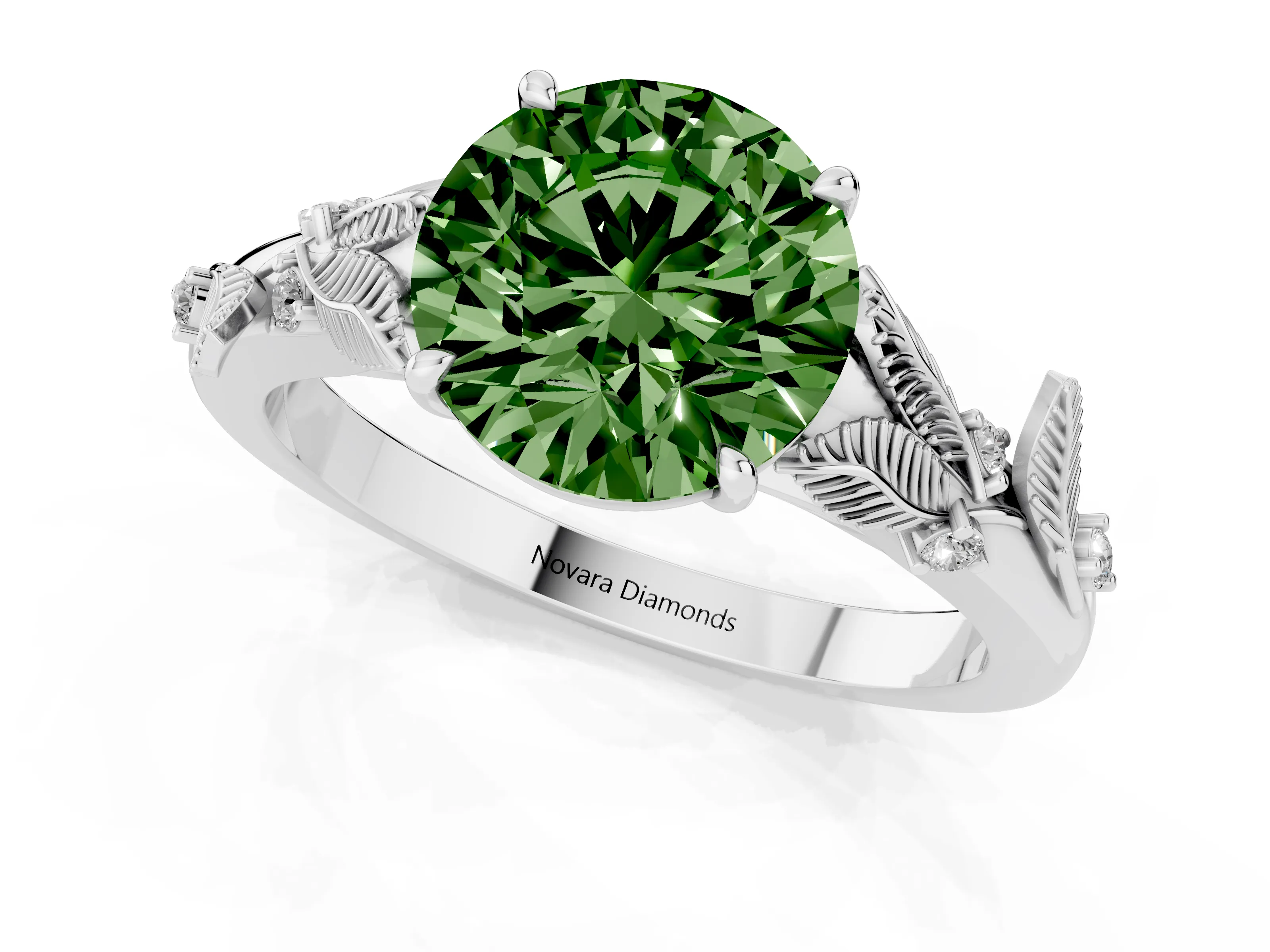 Fancy Green Round Cut Diamond Solitaire Ring Set in Silver with Leaf Motif Band