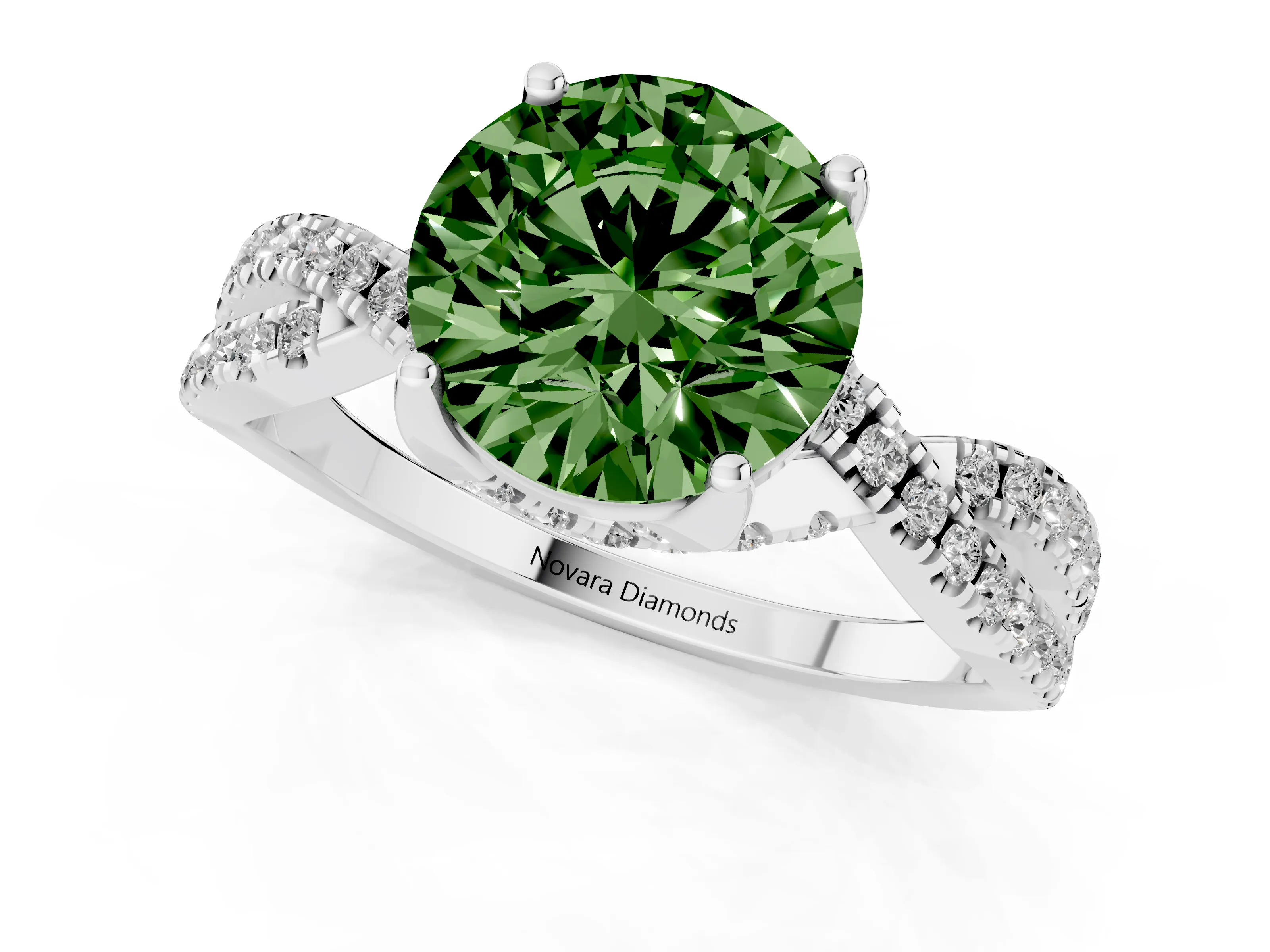 Fancy Green Round Cut Diamond Twist Pavé Solitaire Engagement Ring Set in Silver with Prong Setting