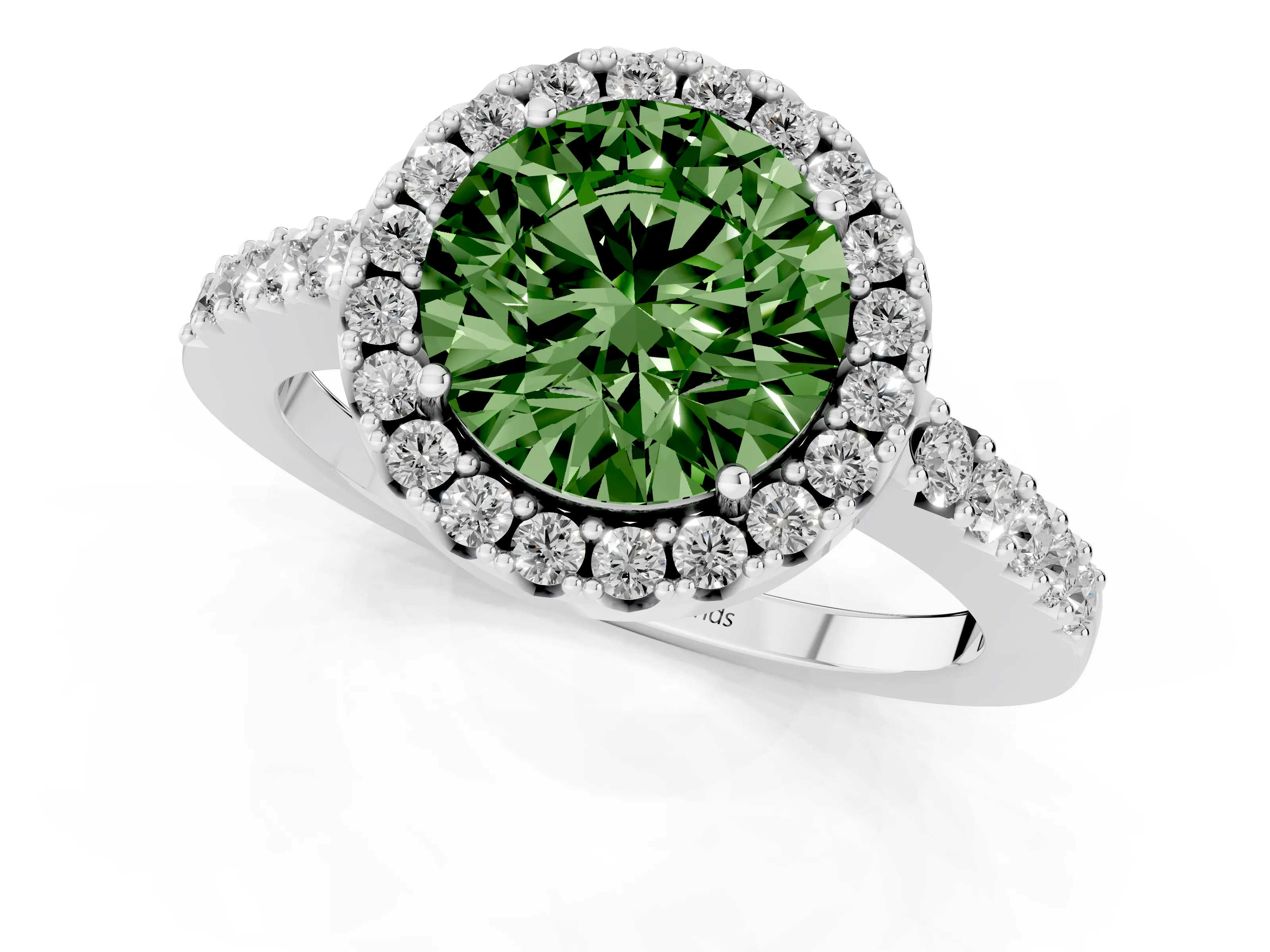 Fancy Green Round Cut Diamond Halo Pavé Solitaire Ring Set in Silver with Prong-Set Center Stone