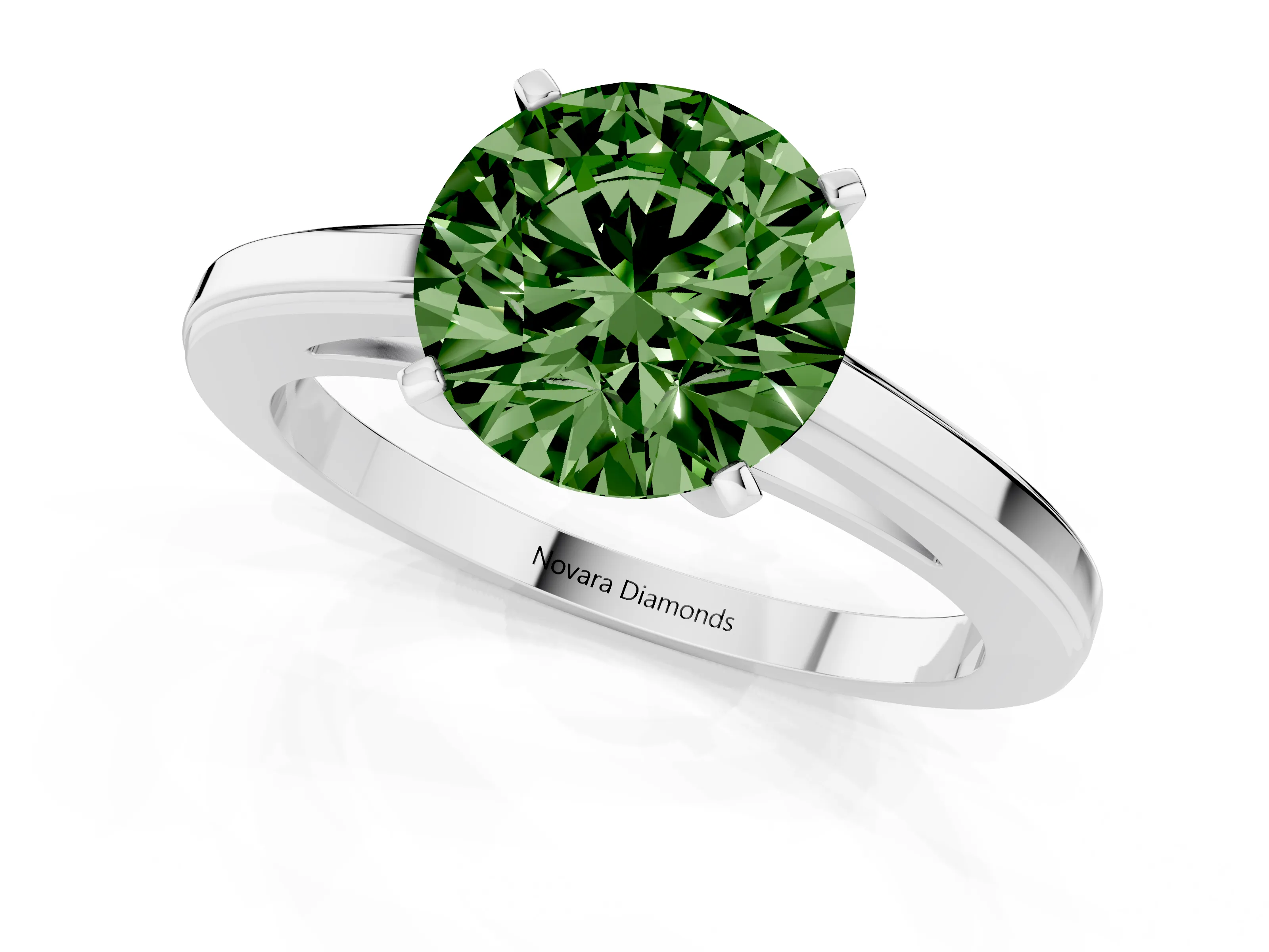 Fancy Green Round Cut Diamond Solitaire Ring Set in Platinum with Prong Setting and Classic Band