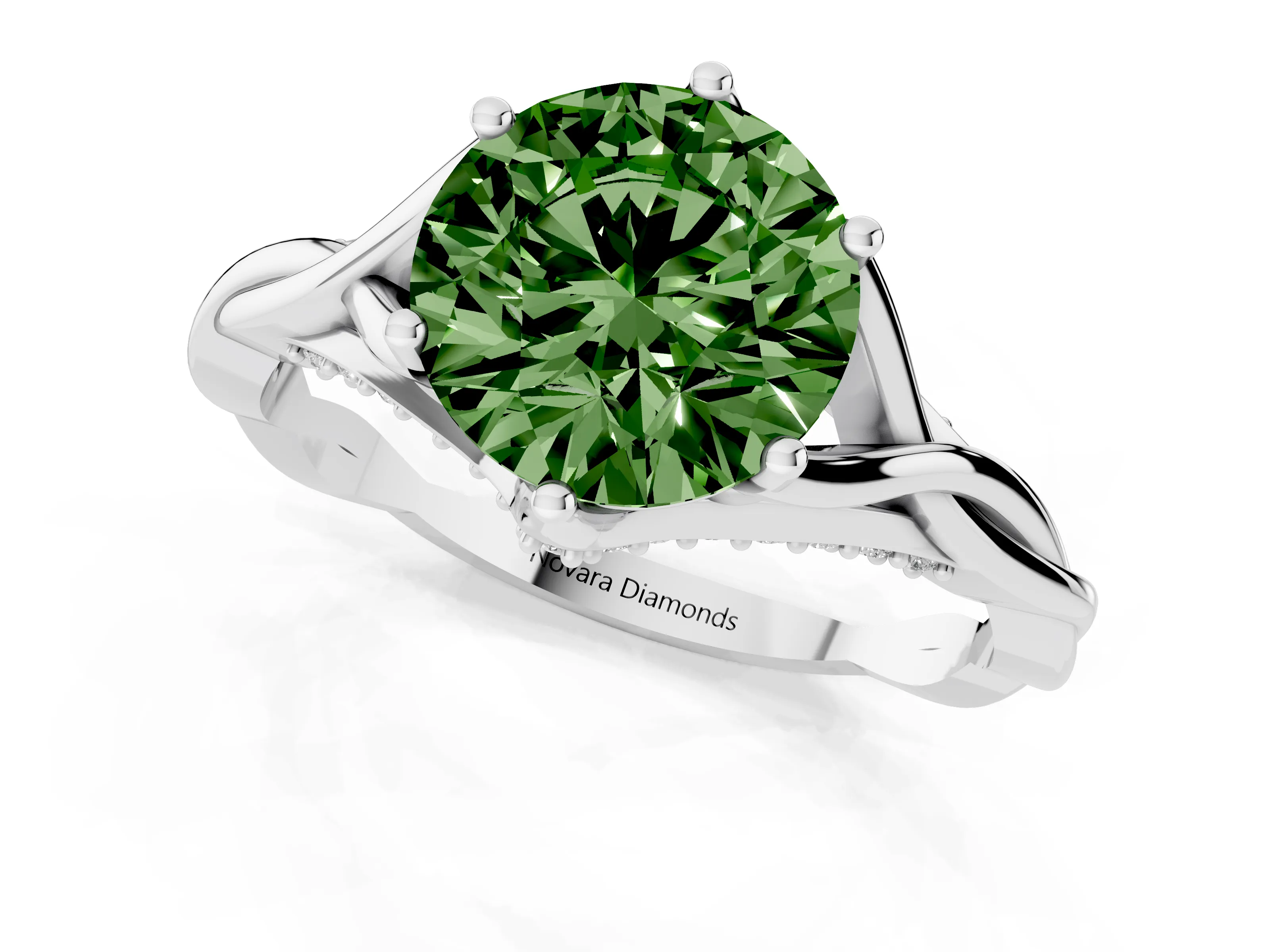 Fancy Green Round Cut Diamond Intertwined Twist Band Solitaire Ring Set in Platinum with Prong Setting