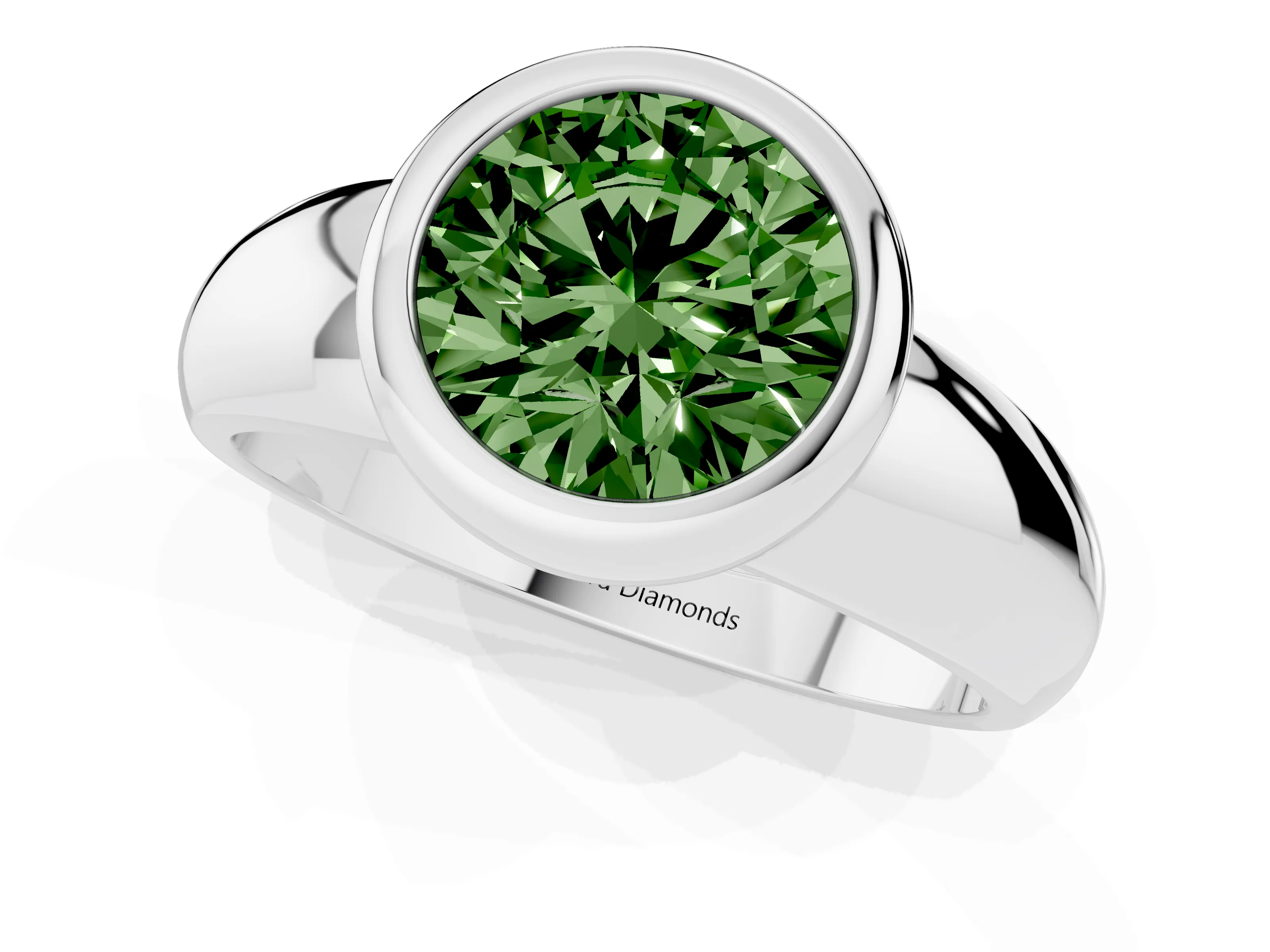 Fancy Green Bezel Set Round Cut Diamond Solitaire Ring Set in Silver with Wide Band