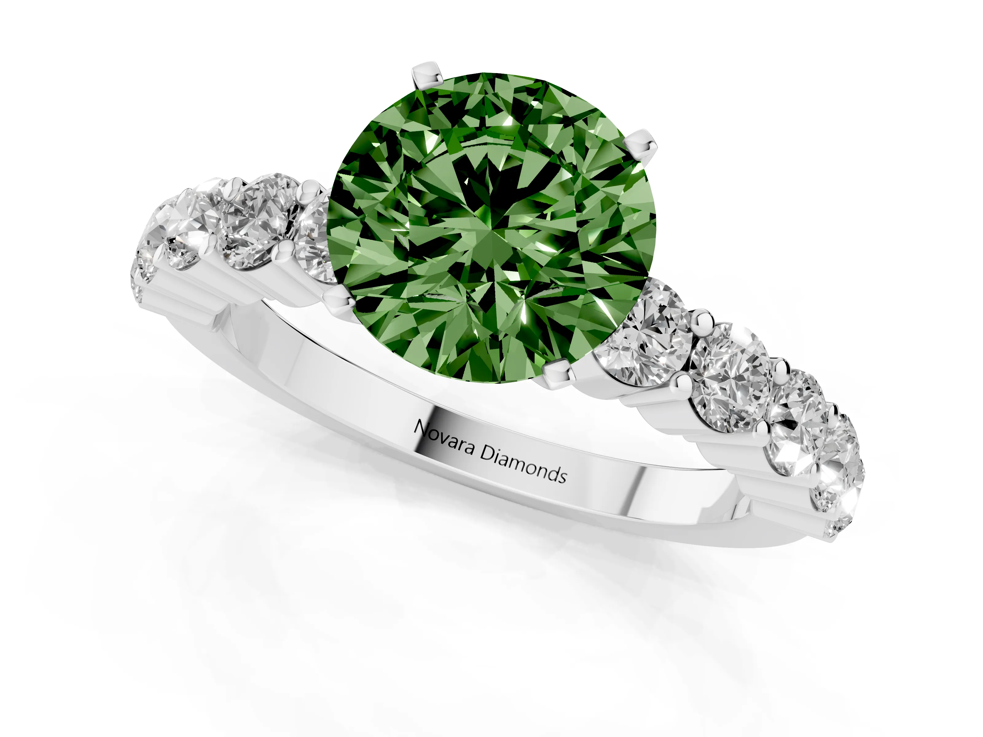 Fancy Green Round Cut Diamond Solitaire Ring Set in Silver with Shared Prong Round Side Stones