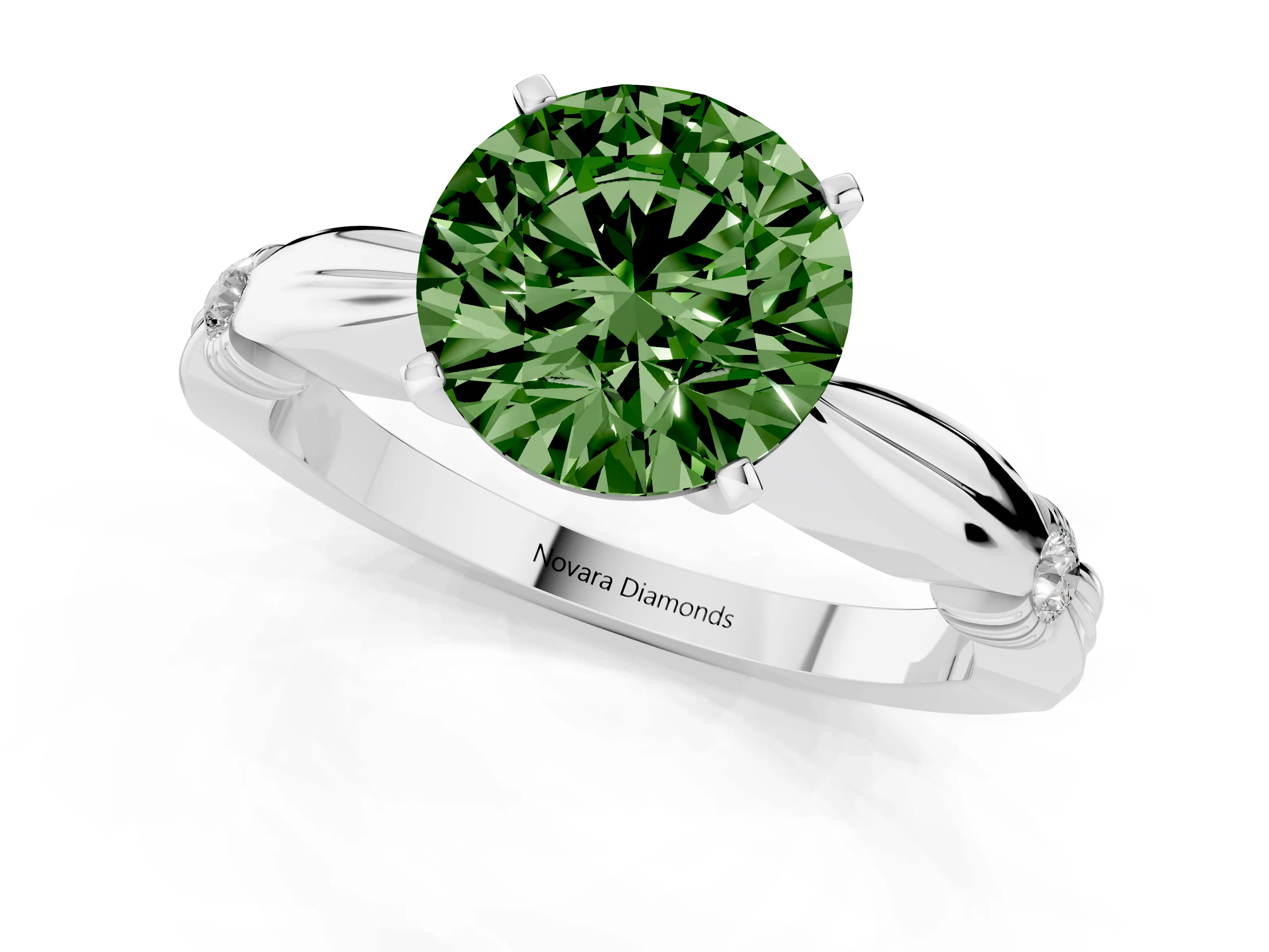 Fancy Green Round Cut Diamond Solitaire Twisted Band Ring Set in White gold with Accent Stones and Prong Setting – second view