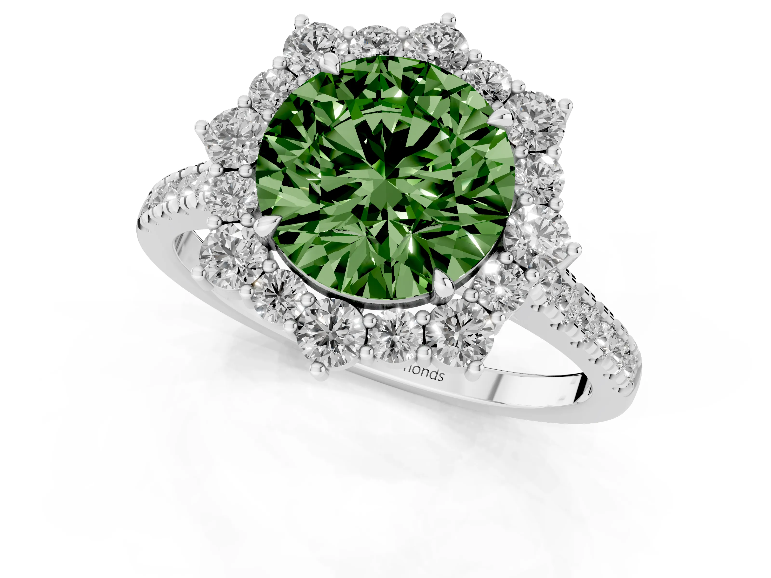 Fancy Green Round Cut Diamond Halo Ring Set in Silver with Pavé Band and Prong Setting