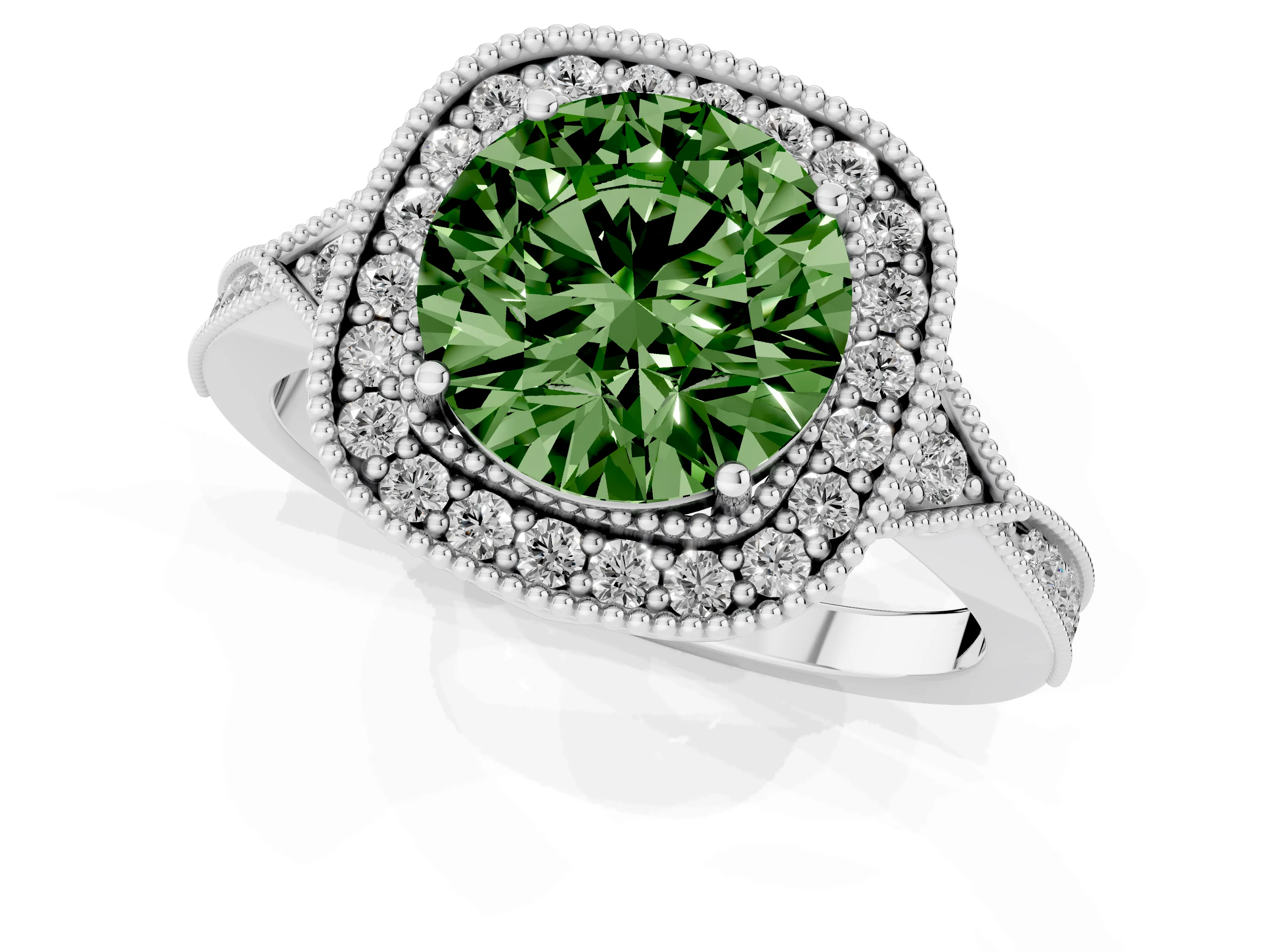 Fancy Green Round Cut Diamond Halo Engagement Ring Set in Platinum with Milgrain Pavé Band – second view