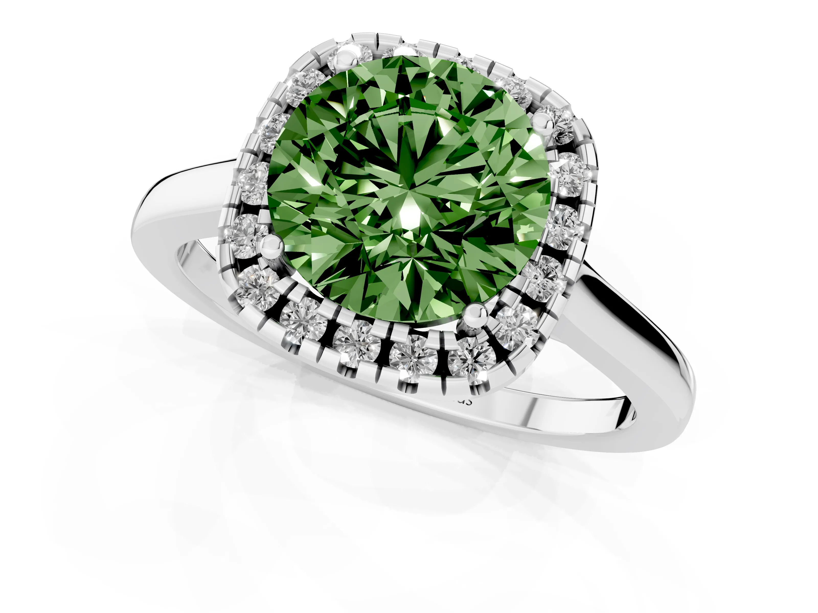 Fancy Green Round Cut Halo Round Diamond Solitaire Ring Set in Silver with Pavé Band and Prong Setting