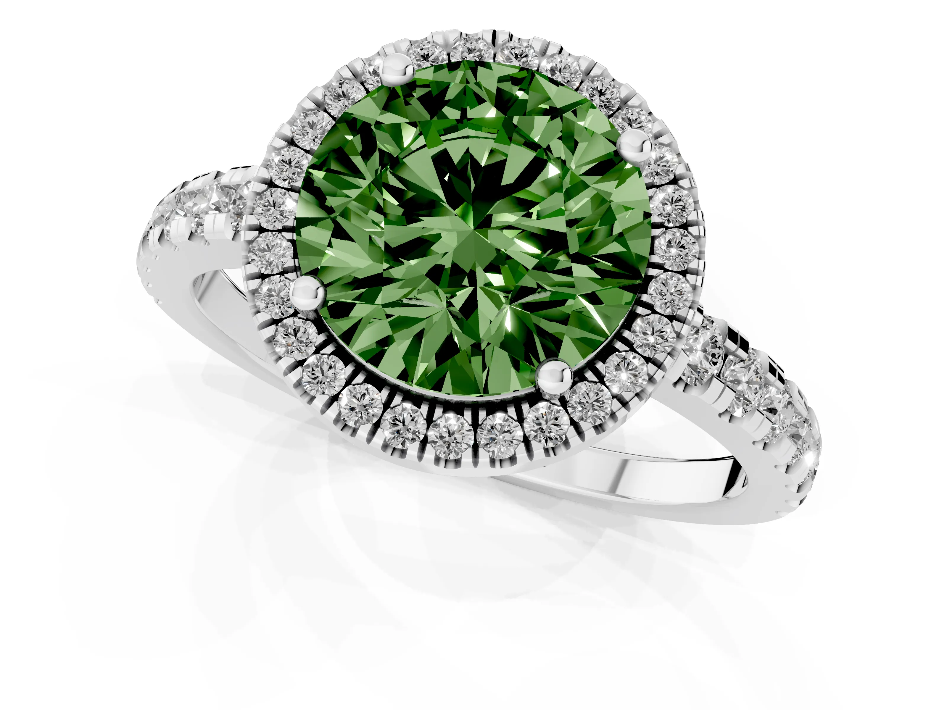 Fancy Green Round Cut Diamond Halo Ring Set in Silver with Delicate Pavé Band and Prong Setting