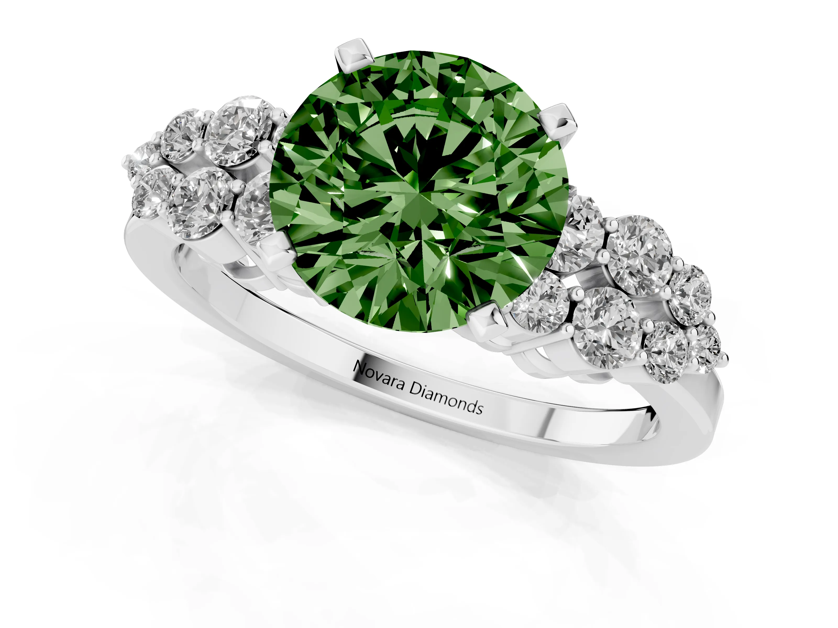 Fancy Green Round Cut Diamond Cluster Engagement Ring Set in White gold with Pavé Band and Prong Setting
