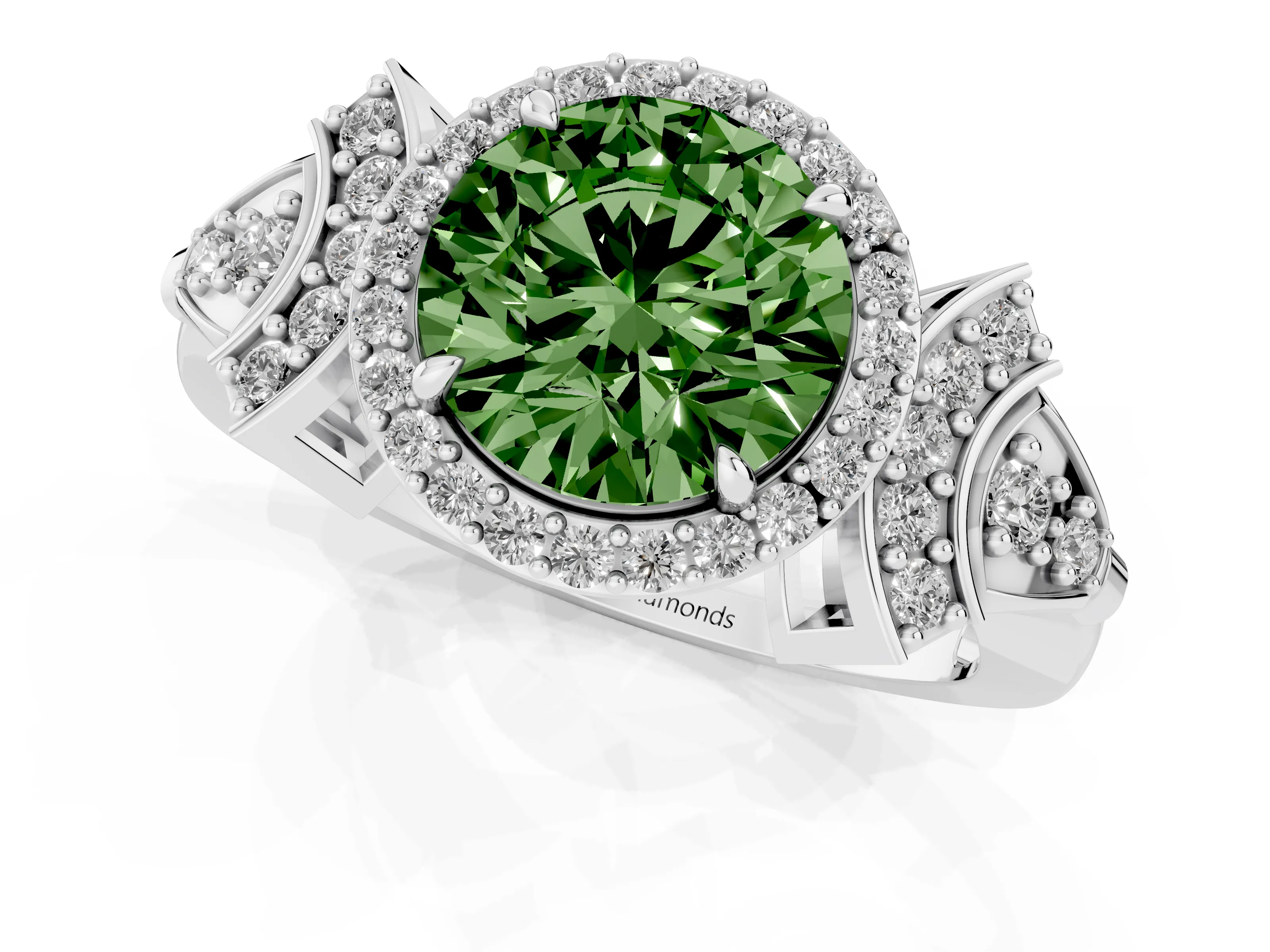 Fancy Green Round Cut Diamond Halo Engagement Ring Set in Platinum with Accent Stone Split Shank