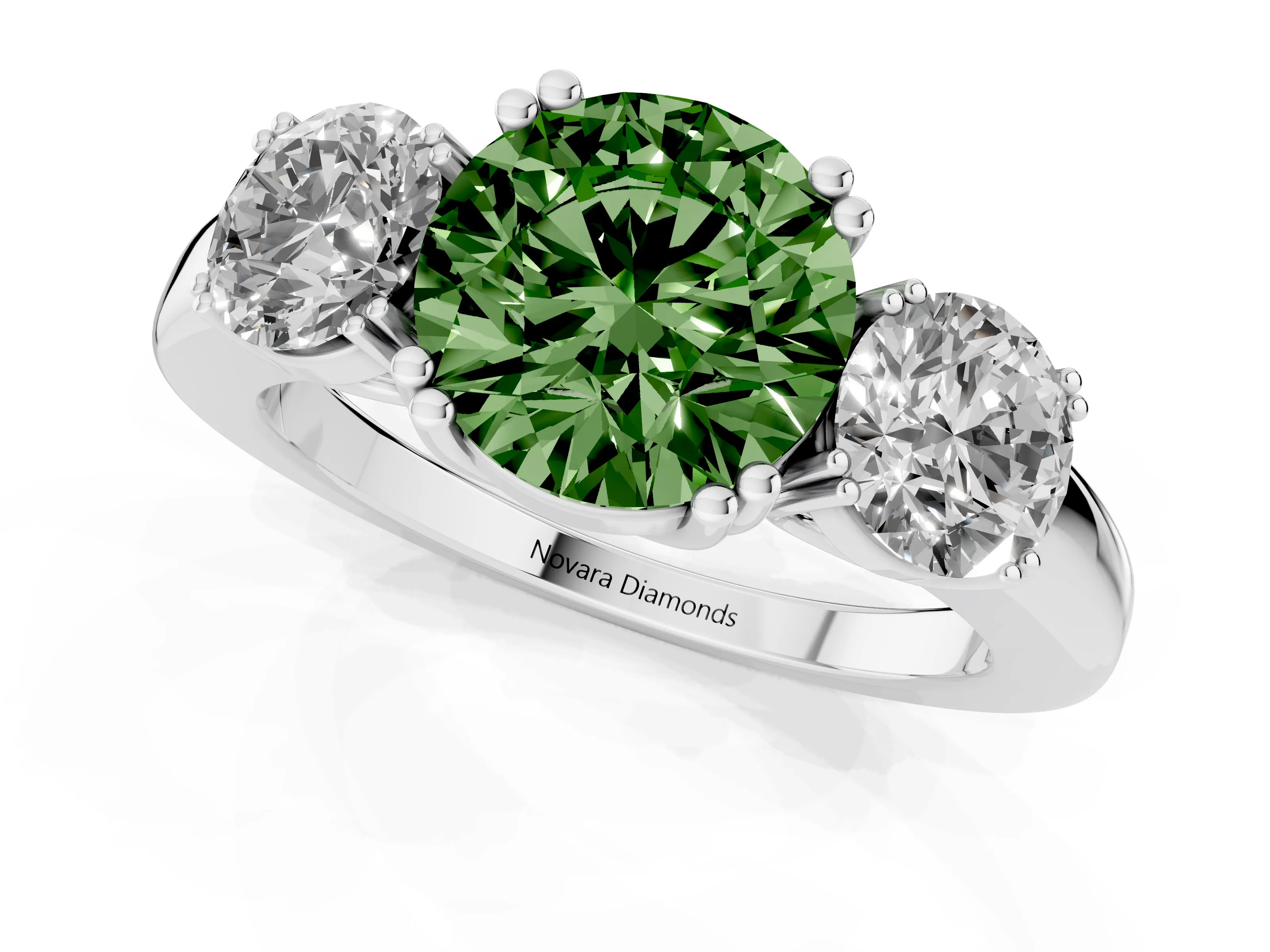 Fancy Green Round Cut Diamond Three-Stone Ring Set in Platinum with Polished Channel-Set Band