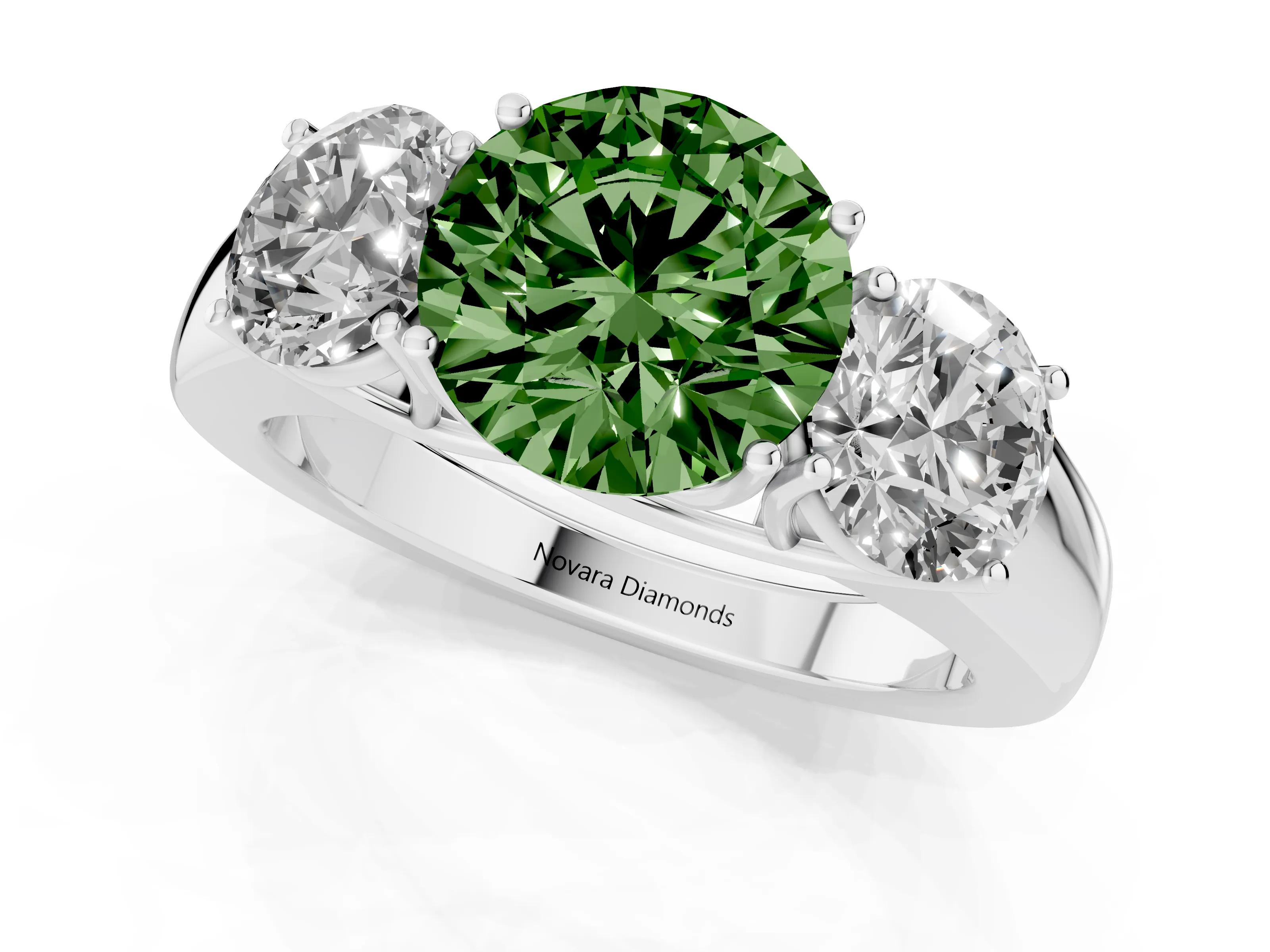 Fancy Green Three-Stone Round Cut Diamond Ring Set in Silver with Matching Prong Settings and Plain Band