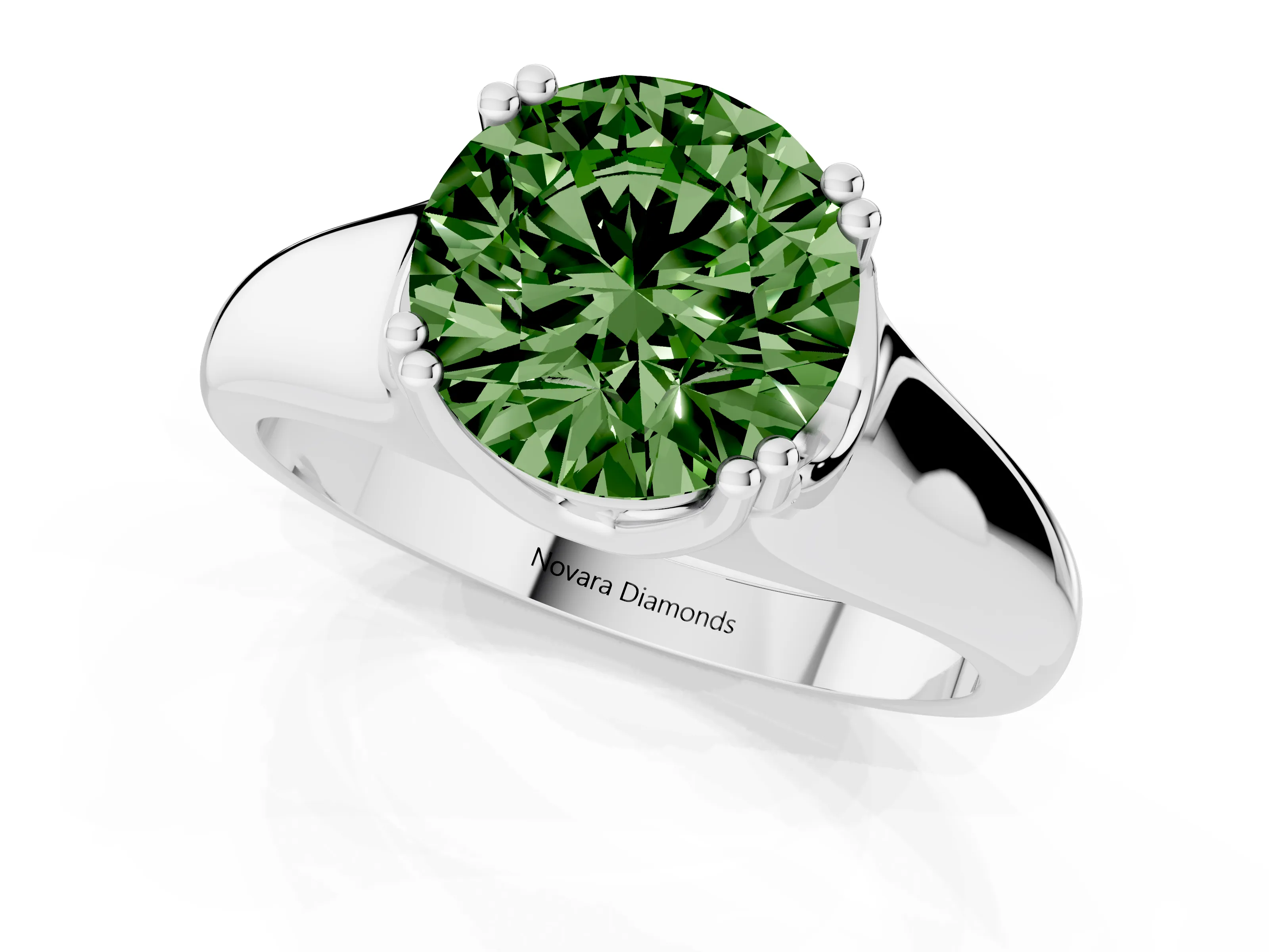 Fancy Green Round Cut Diamond Solitaire Ring Set in Silver with Wide Band and Prong Setting