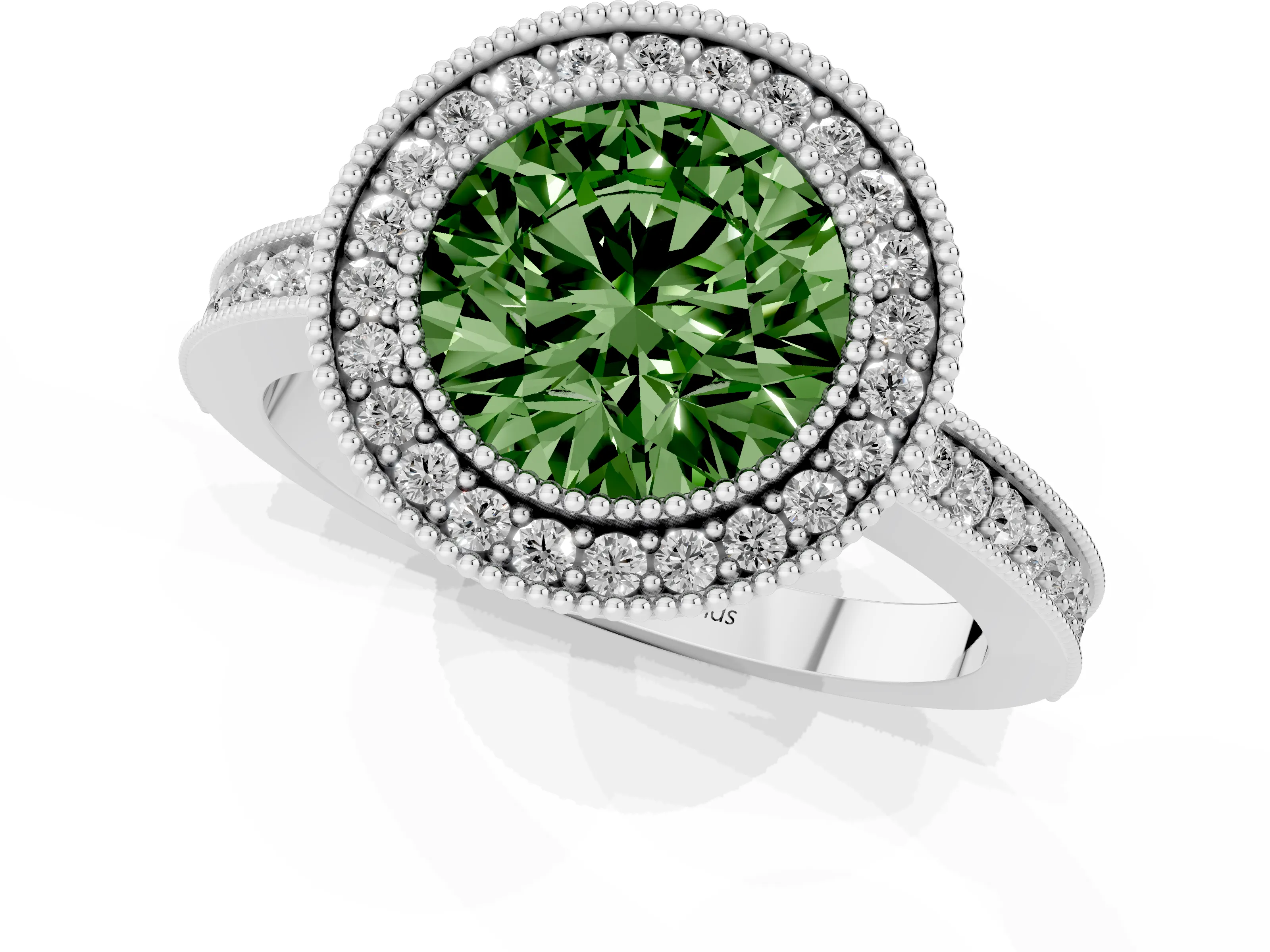 Fancy Green Round Cut Diamond Round Halo Ring Set in White gold with Pavé Band
