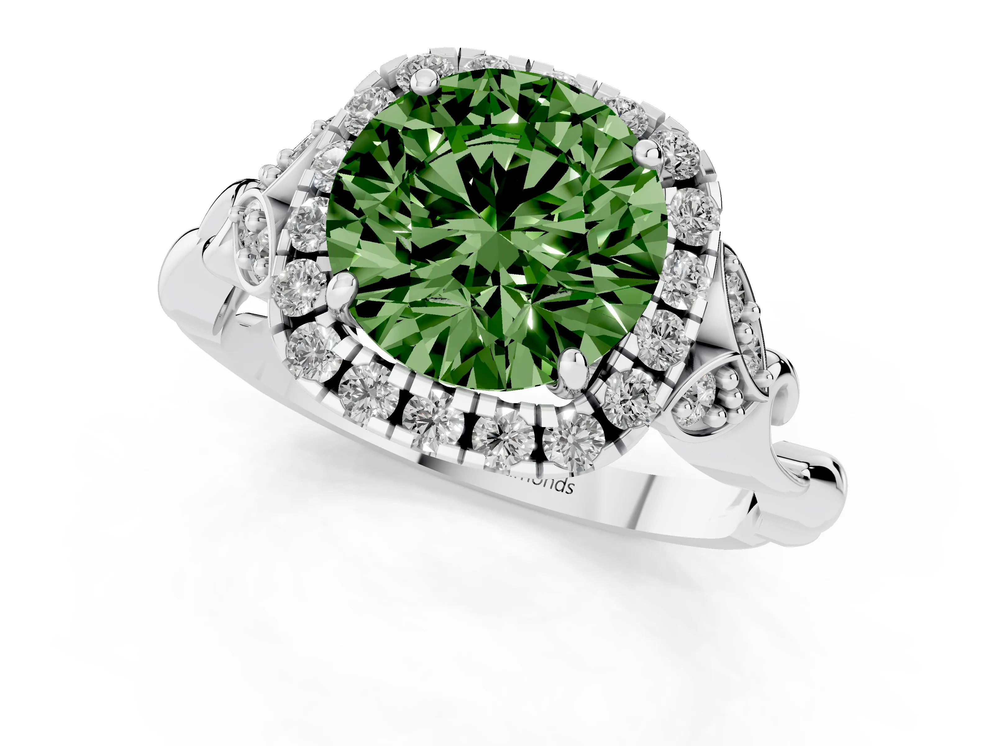 Fancy Green Round Cut Diamond Halo Engagement Ring Set in White gold with Vintage-Inspired Band and Prong Setting