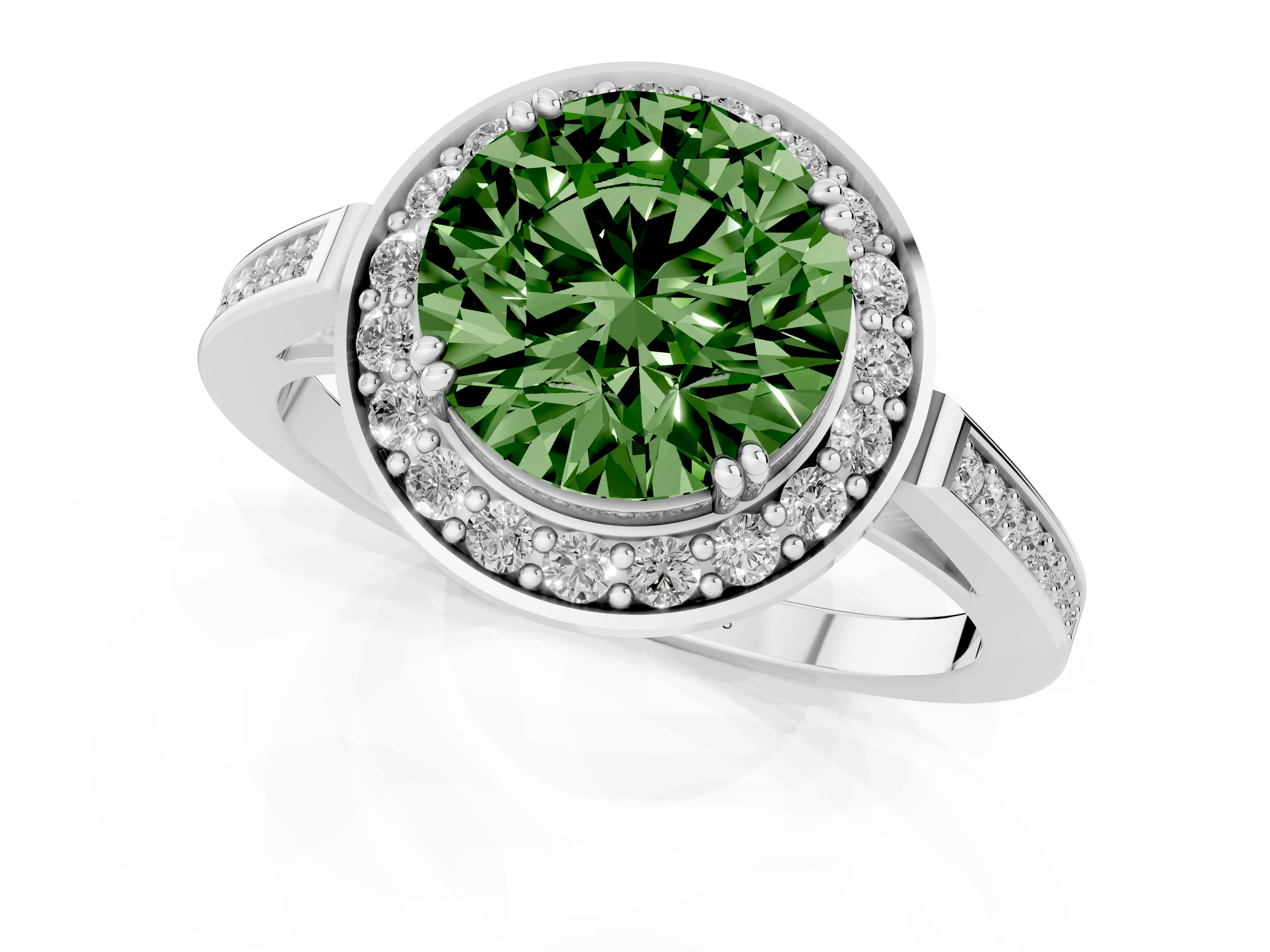 Fancy Green Round Cut Diamond Halo Ring Set in Silver with Accent-Lined Split Shank and Prong Setting