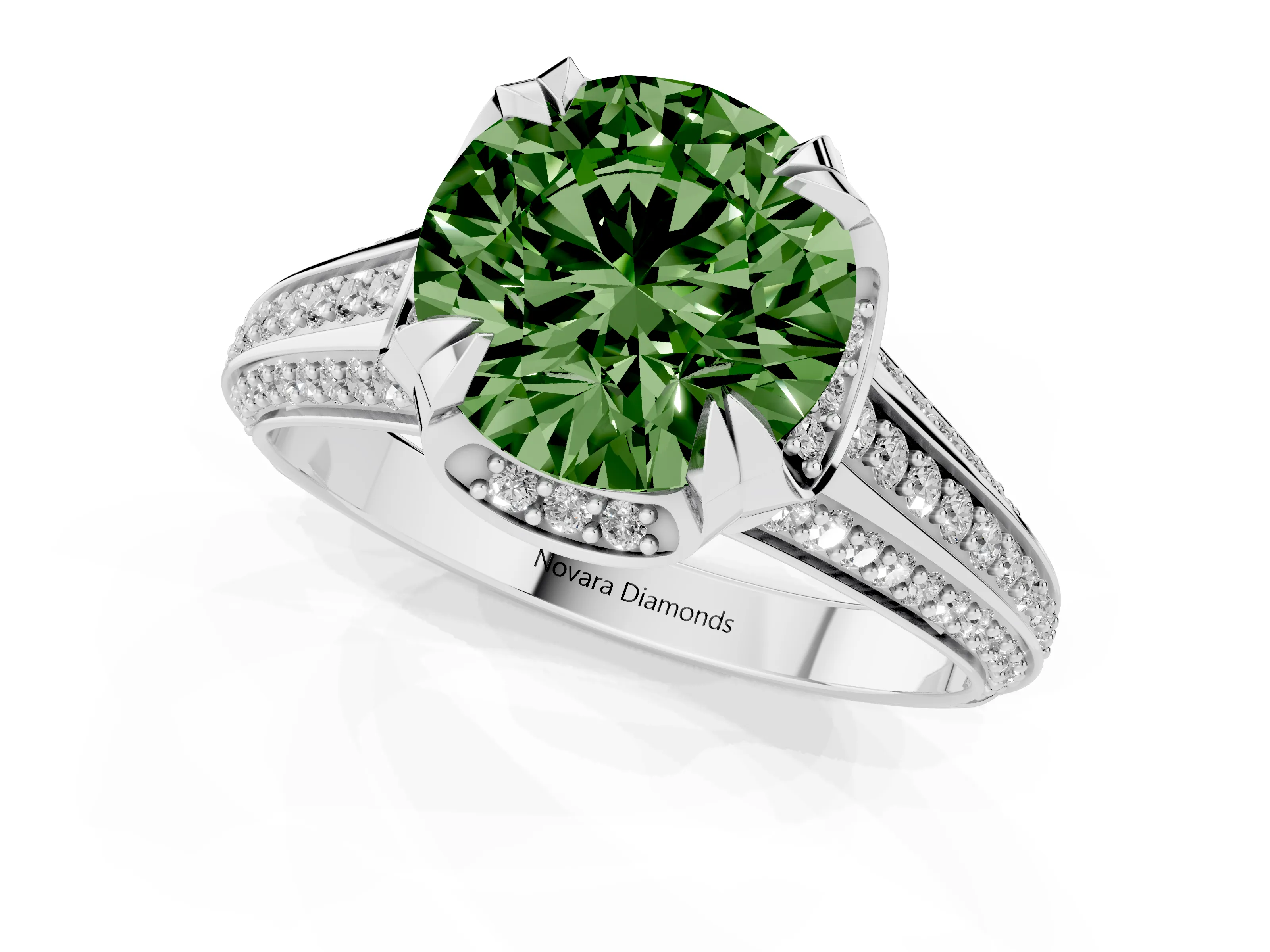 Fancy Green Round Cut Diamond Pavé Split Shank Solitaire Ring Set in Platinum with Prong Setting