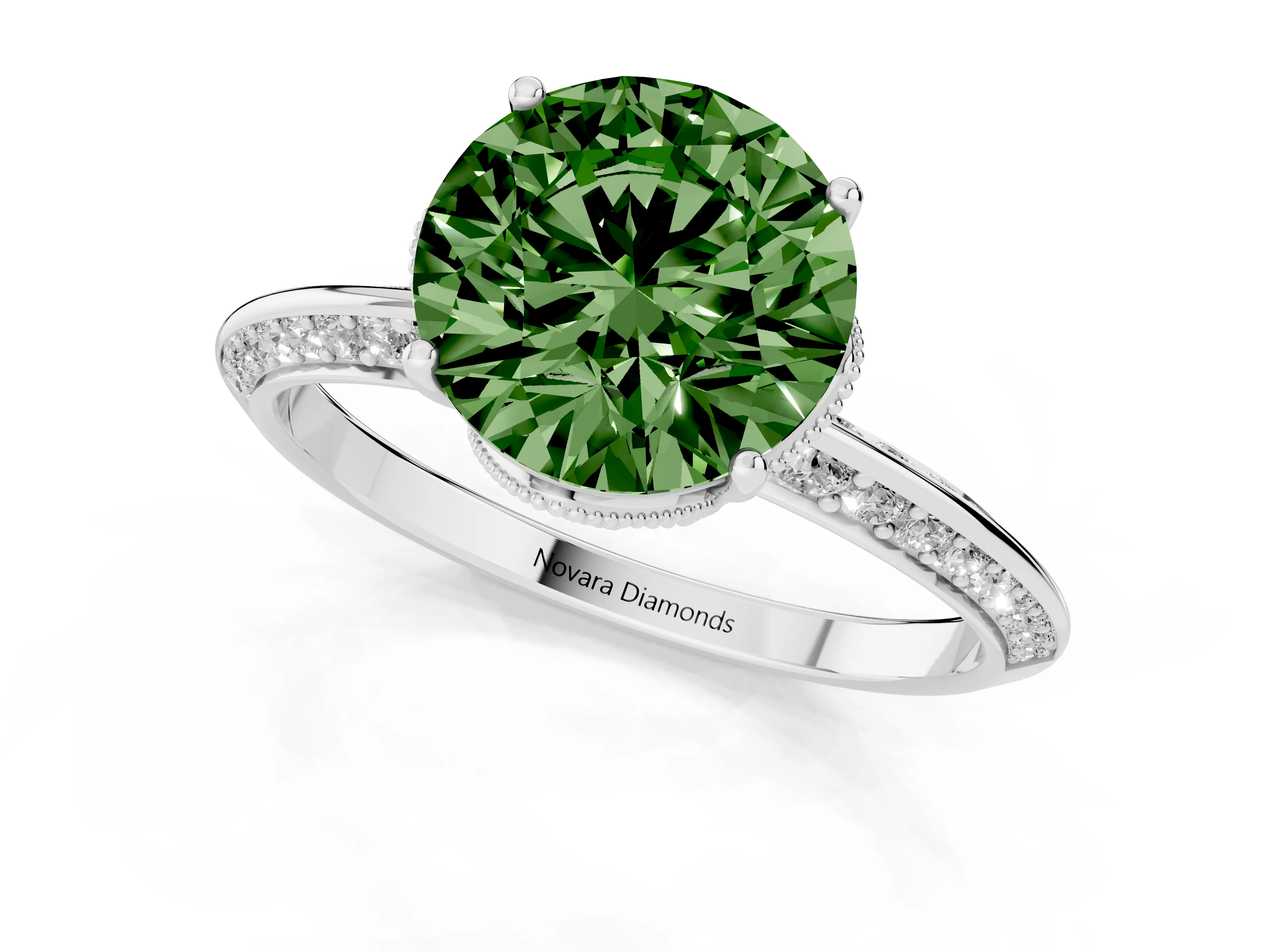 Fancy Green Round Cut Diamond Solitaire Engagement Ring Set in Silver with Pavé Split Shank and Prong Setting