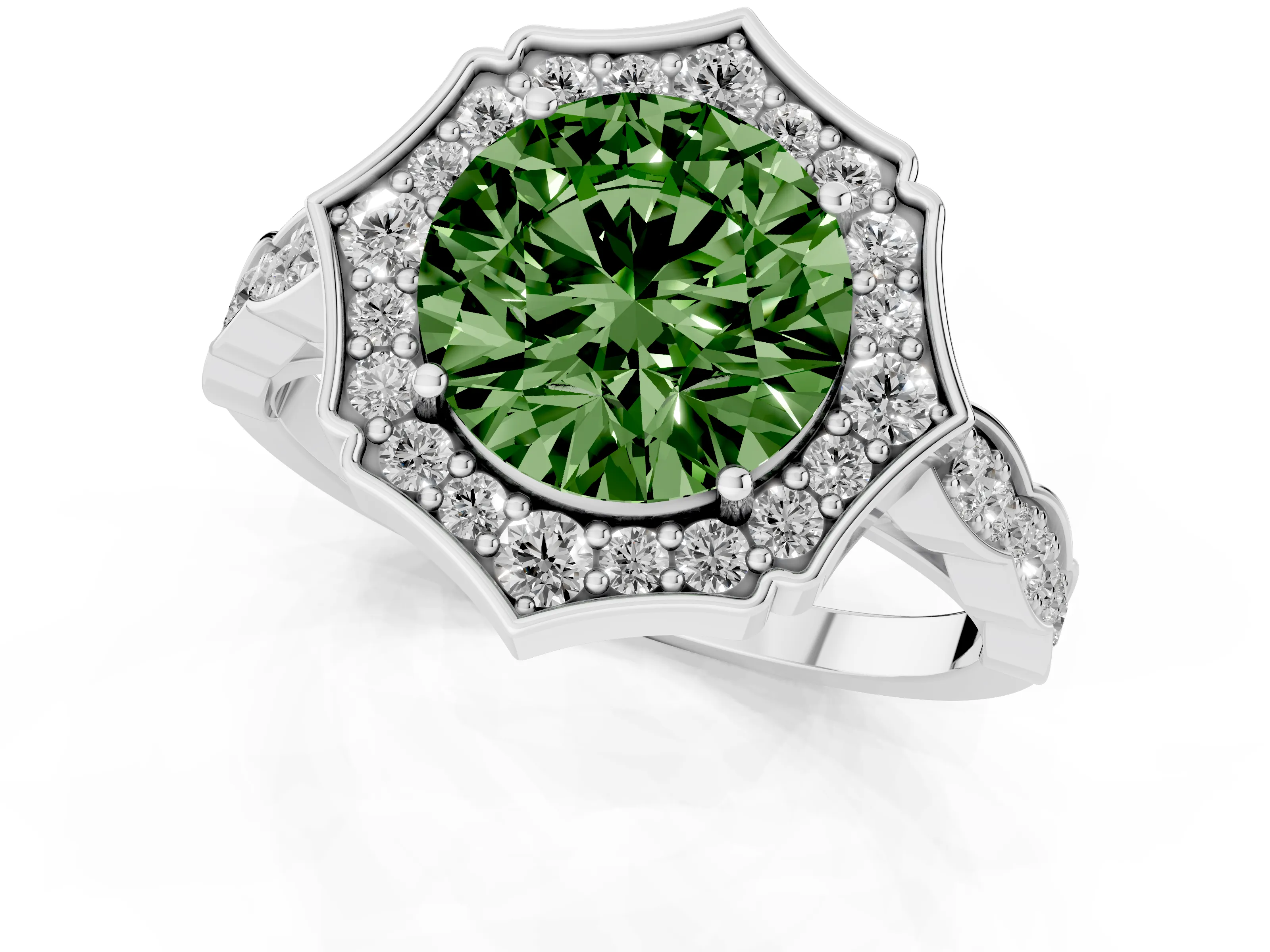 Fancy Green Round Cut Diamond Halo Engagement Ring Set in Platinum with Milgrain Band and Prong Setting – second view