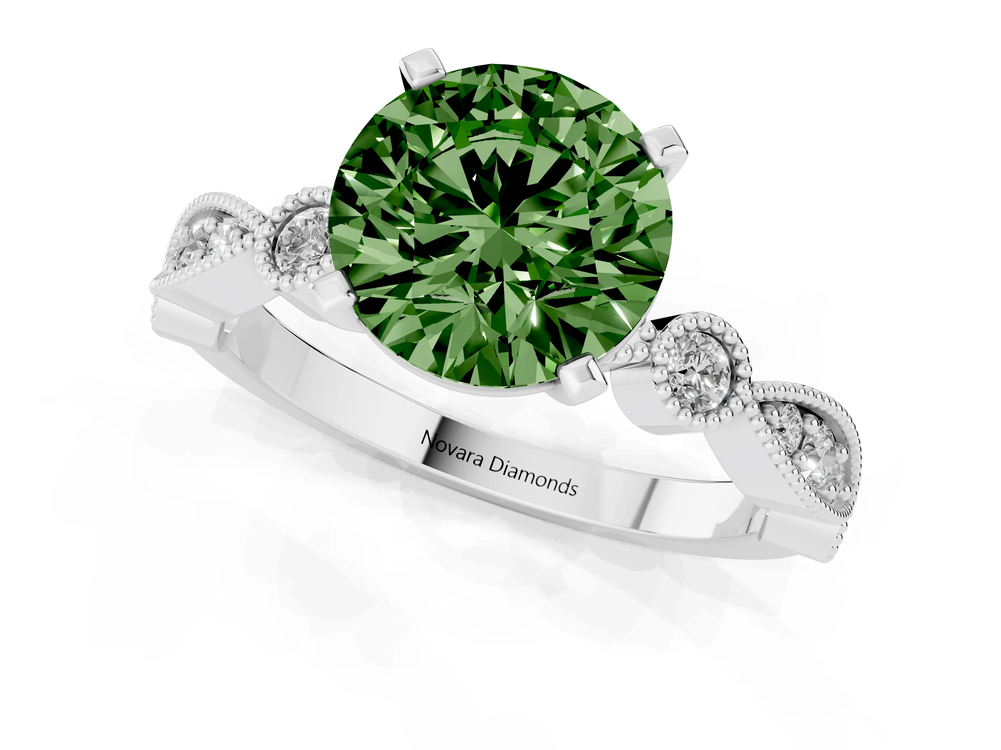 Fancy Green Round Cut Diamond Solitaire Engagement Ring Set in Silver with Milgrain Bezel Accent Band