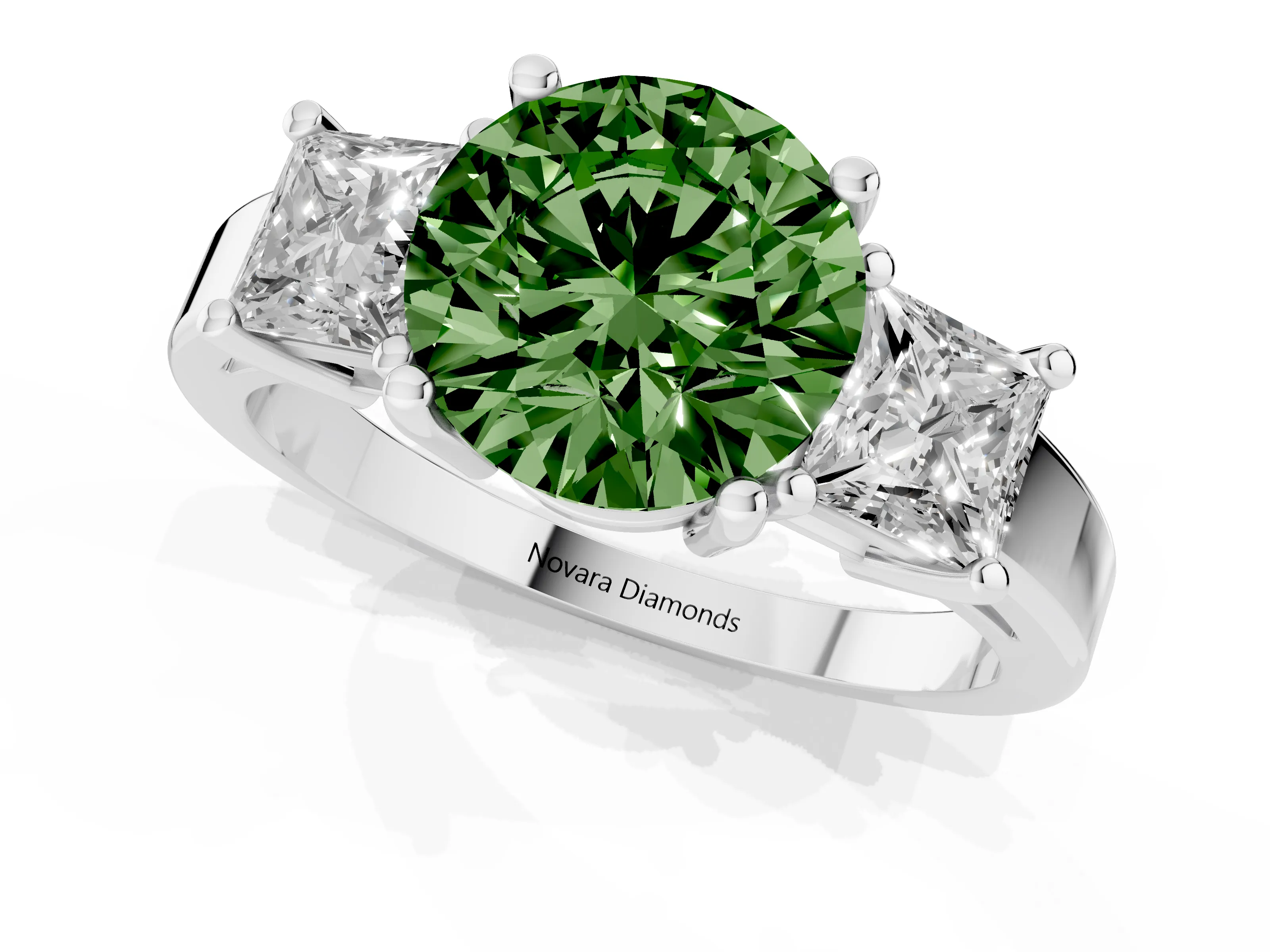 Fancy Green Three-Stone Round Cut Diamond Solitaire Ring Set in White gold with Prong Setting