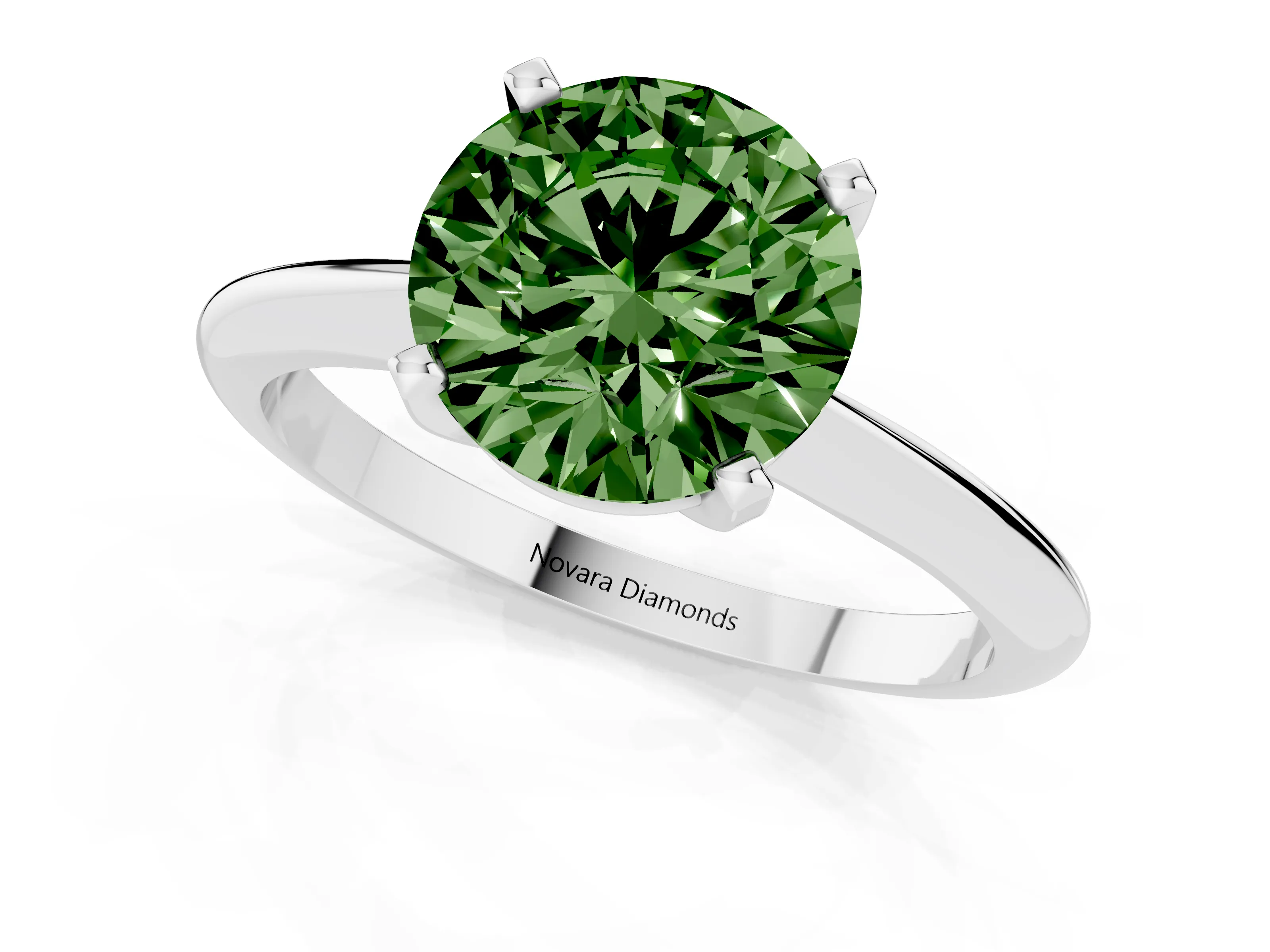 Fancy Green Round Cut Diamond Solitaire Ring Set in Platinum with Prong Setting on a Plain Round Band