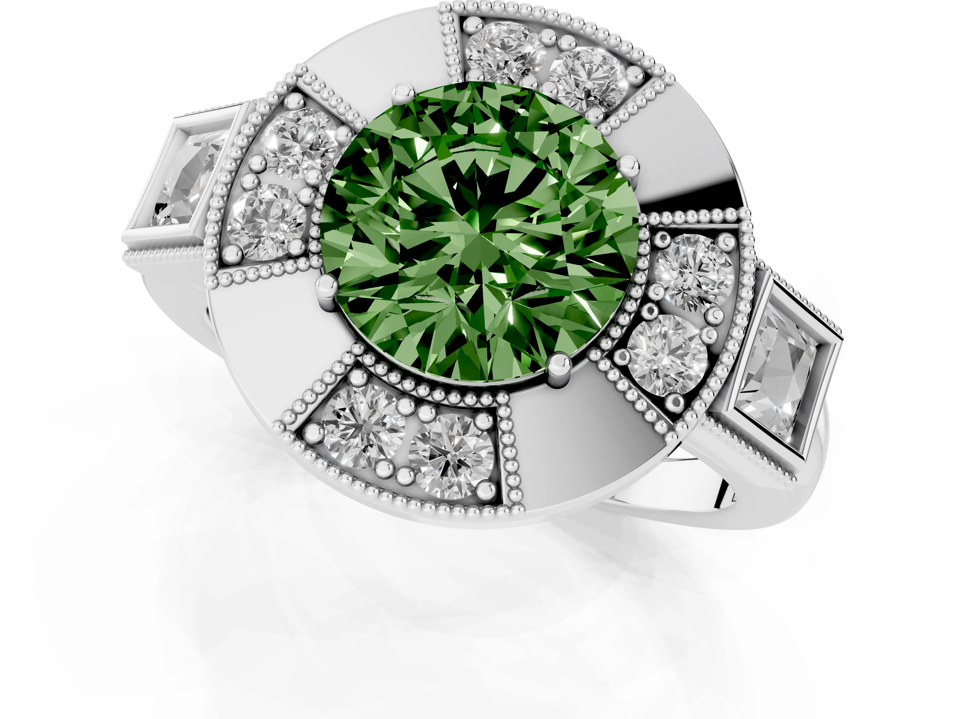 Fancy Green Round Cut Diamond Milgrain Halo Ring Set in Platinum with Split Shank