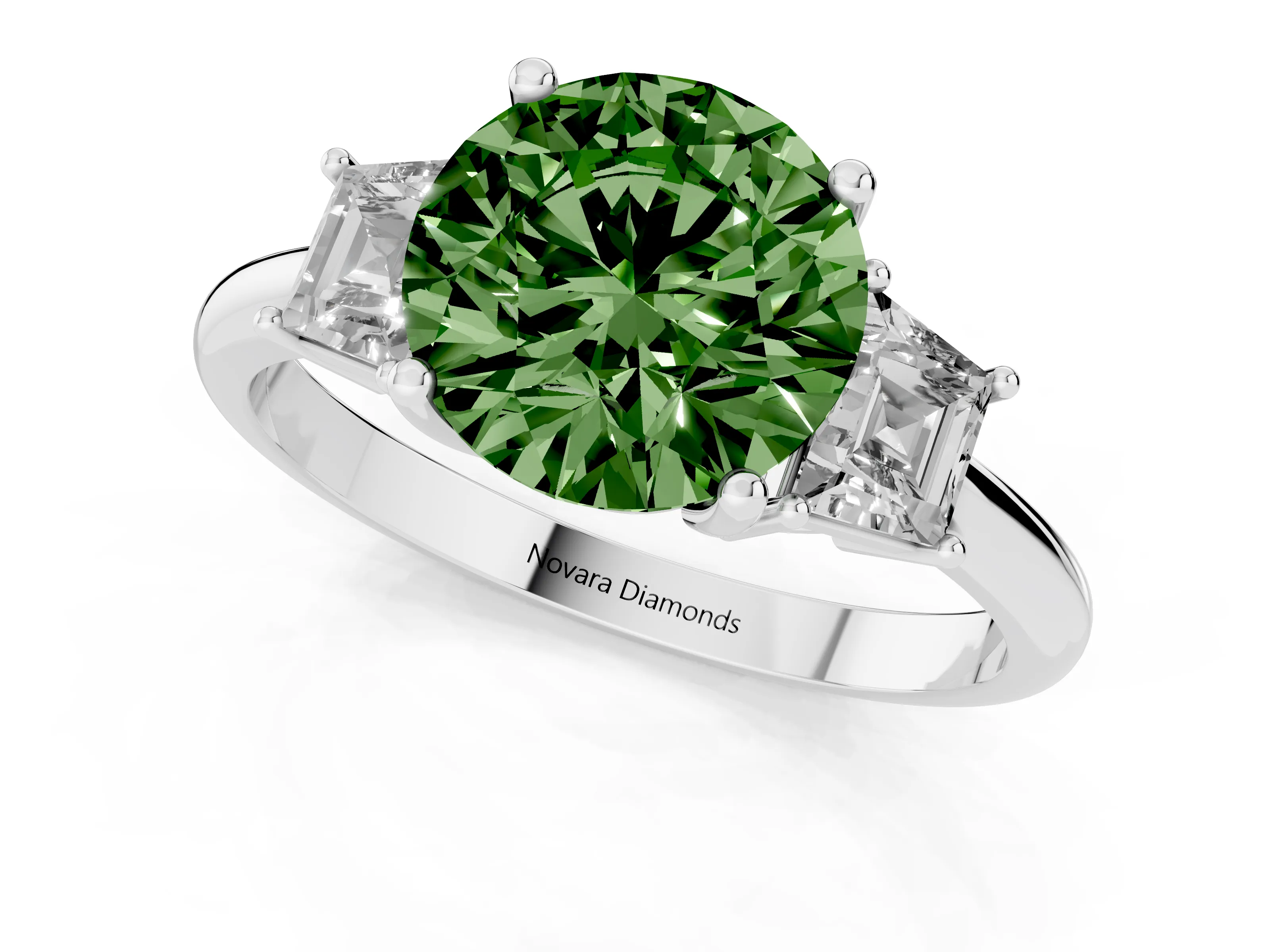 Fancy Green Round Cut Diamond Three-Stone Ring Set in White gold with Trapezoid Side Stones and Prong Setting