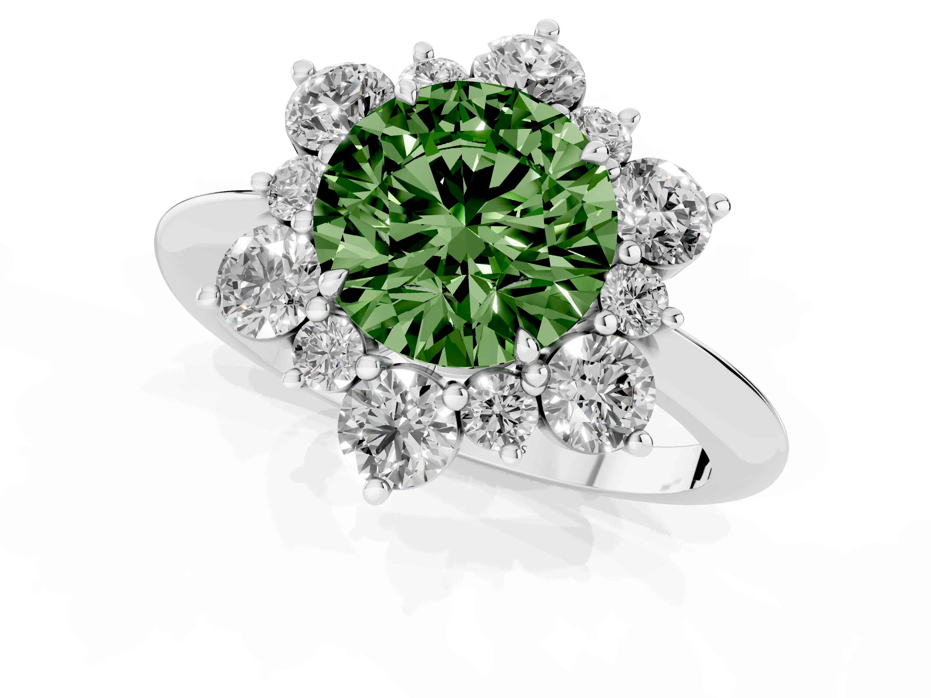 Fancy Green Round Cut Diamond Cluster Halo Ring Set in Silver with Solitaire Band and Prong Setting
