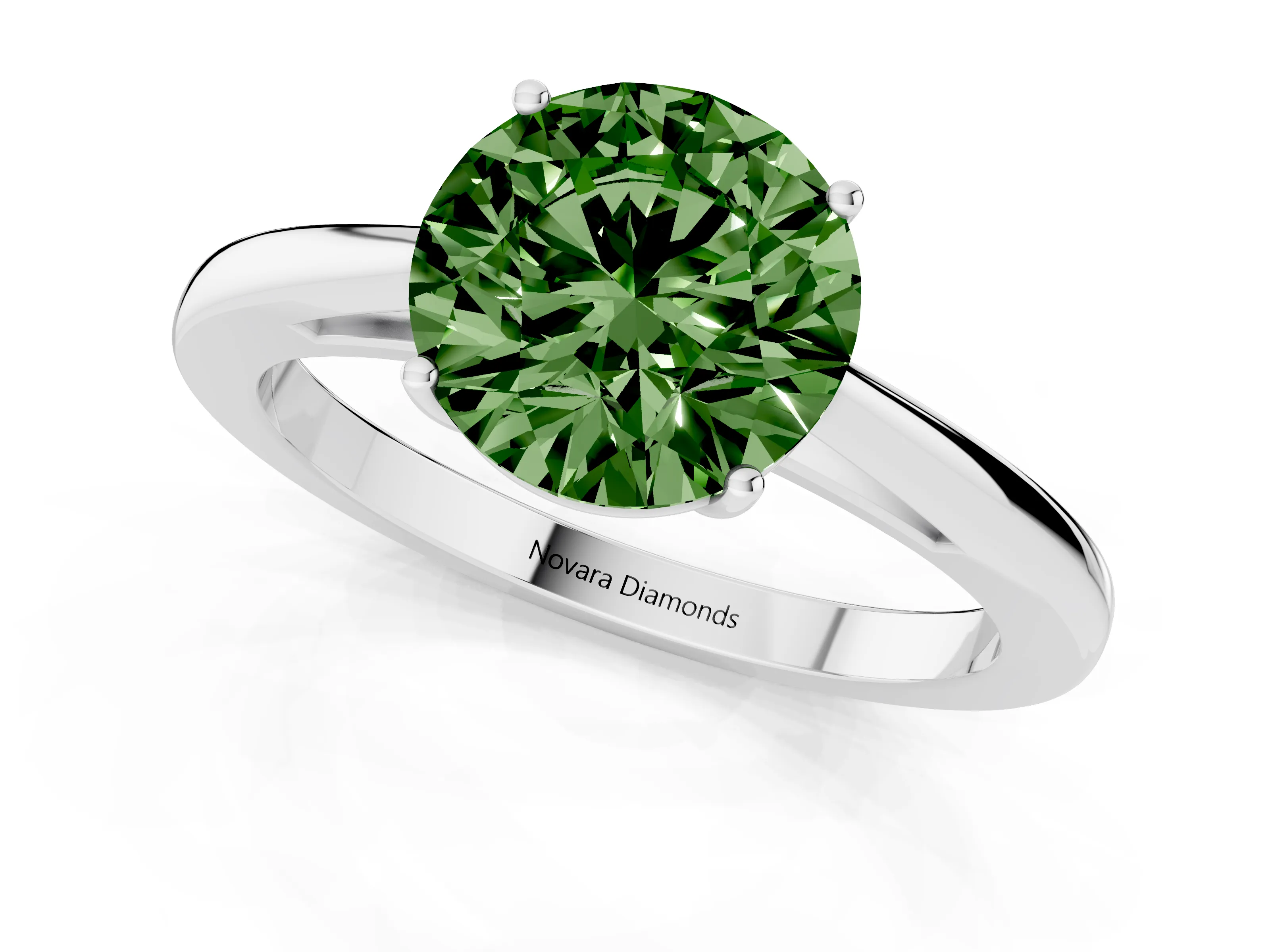 Fancy Green Round Cut Diamond Solitaire Ring Set in White gold with Split Shank and Prong Setting