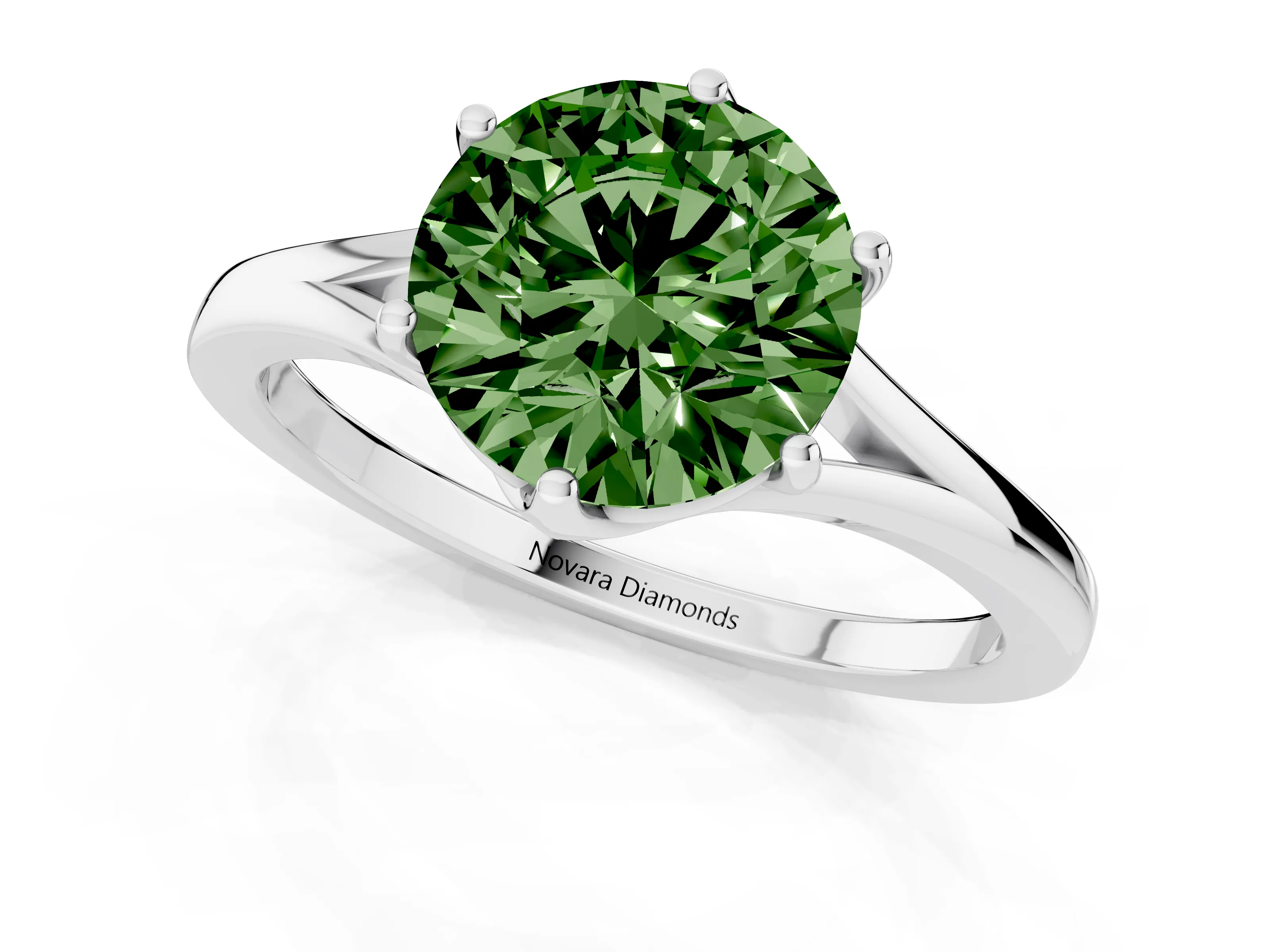 Fancy Green Round Cut Diamond Solitaire Ring Set in Silver with Polished Tapered Band and Prong Setting