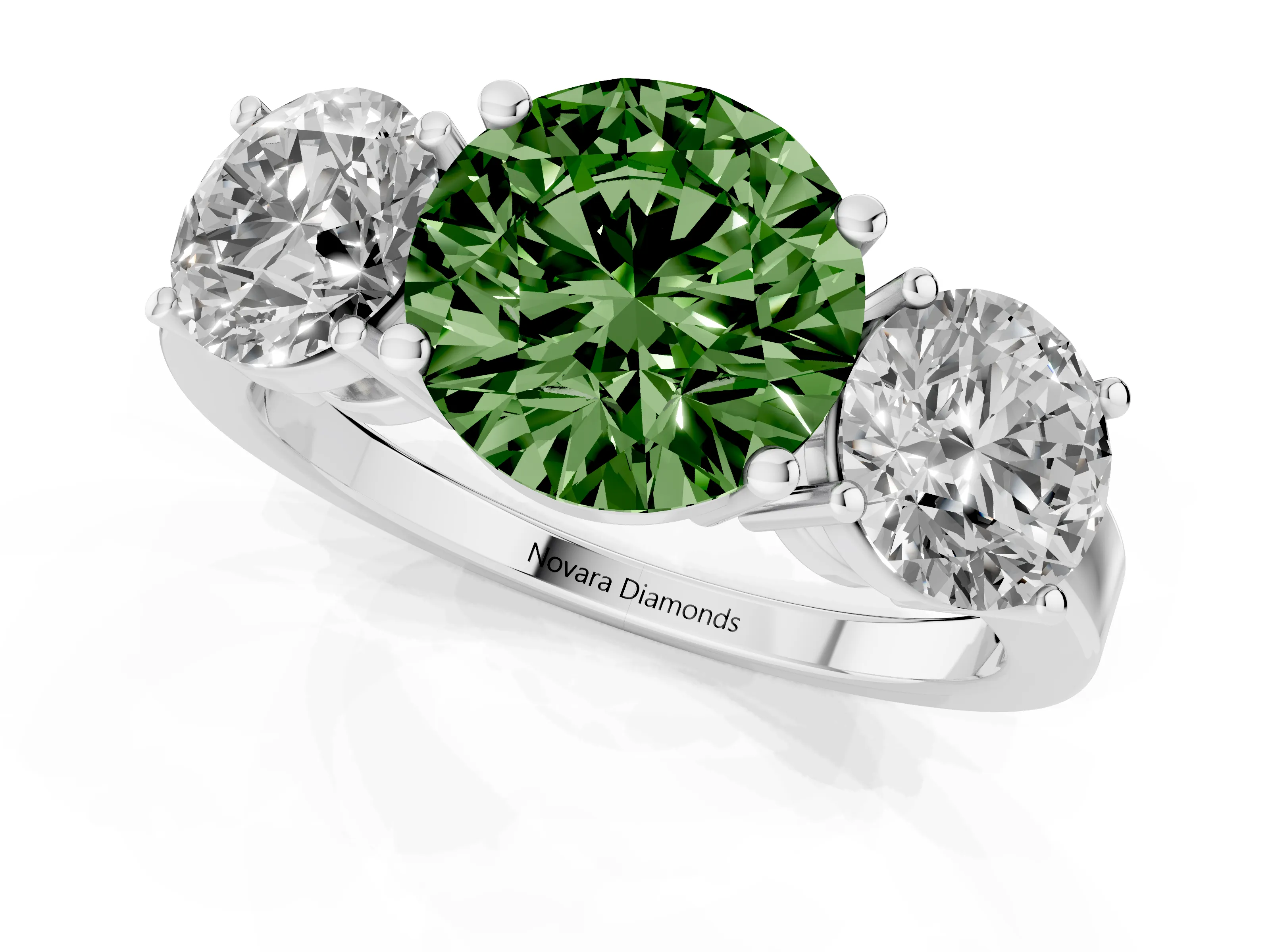 Fancy Green Round Cut Diamond Three-Stone Engagement Ring Set in Silver with Flat Band
