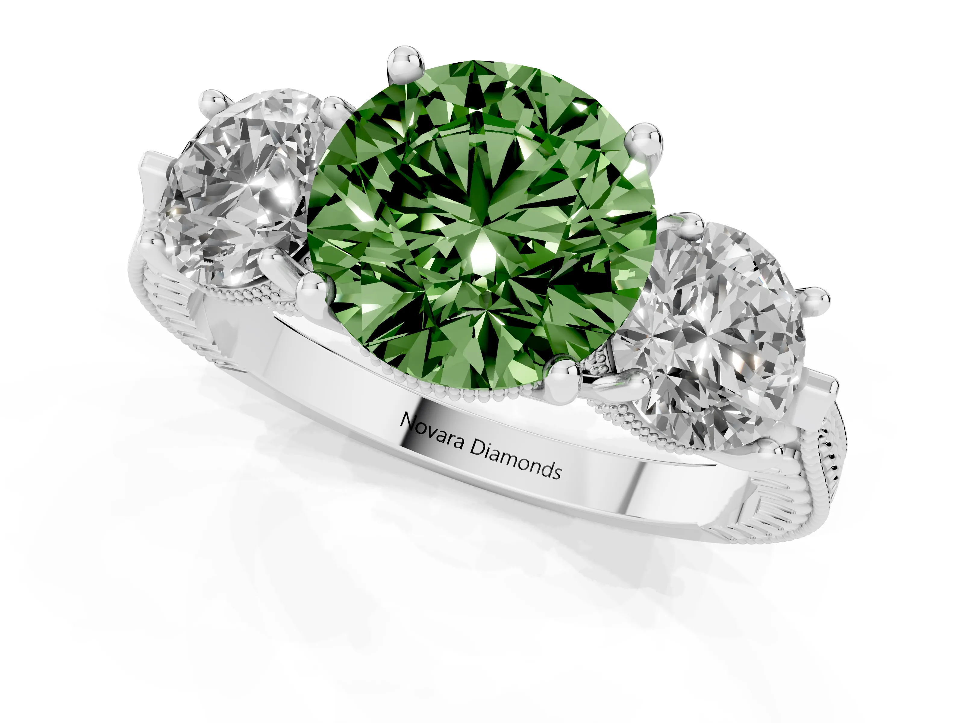 Fancy Green Round Cut Diamond Three-Stone Ring Set in Platinum with Milgrain Band