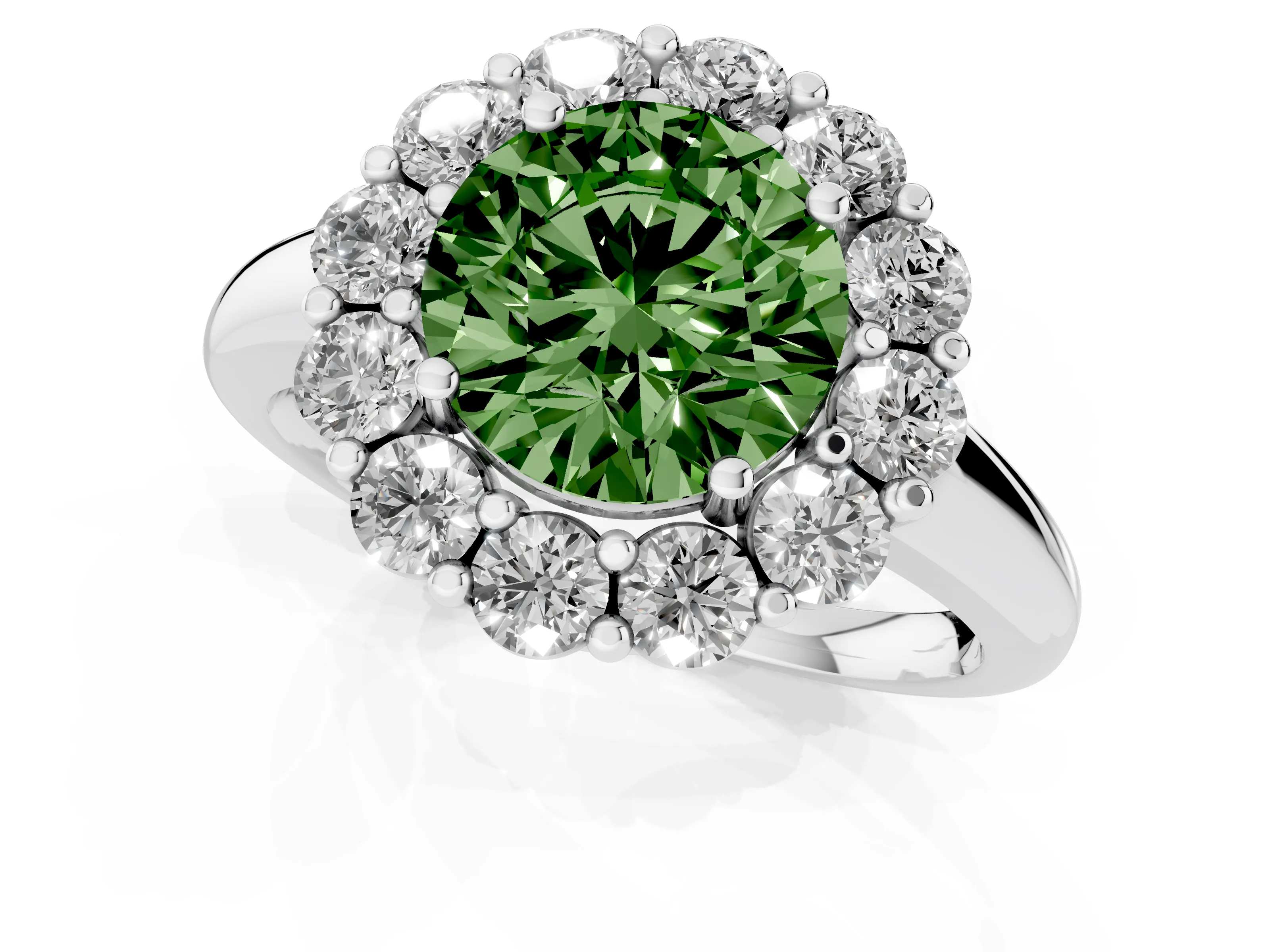 Fancy Green Round Cut Diamond Halo Cluster Engagement Ring Set in White gold with Polished Band and Prong Setting