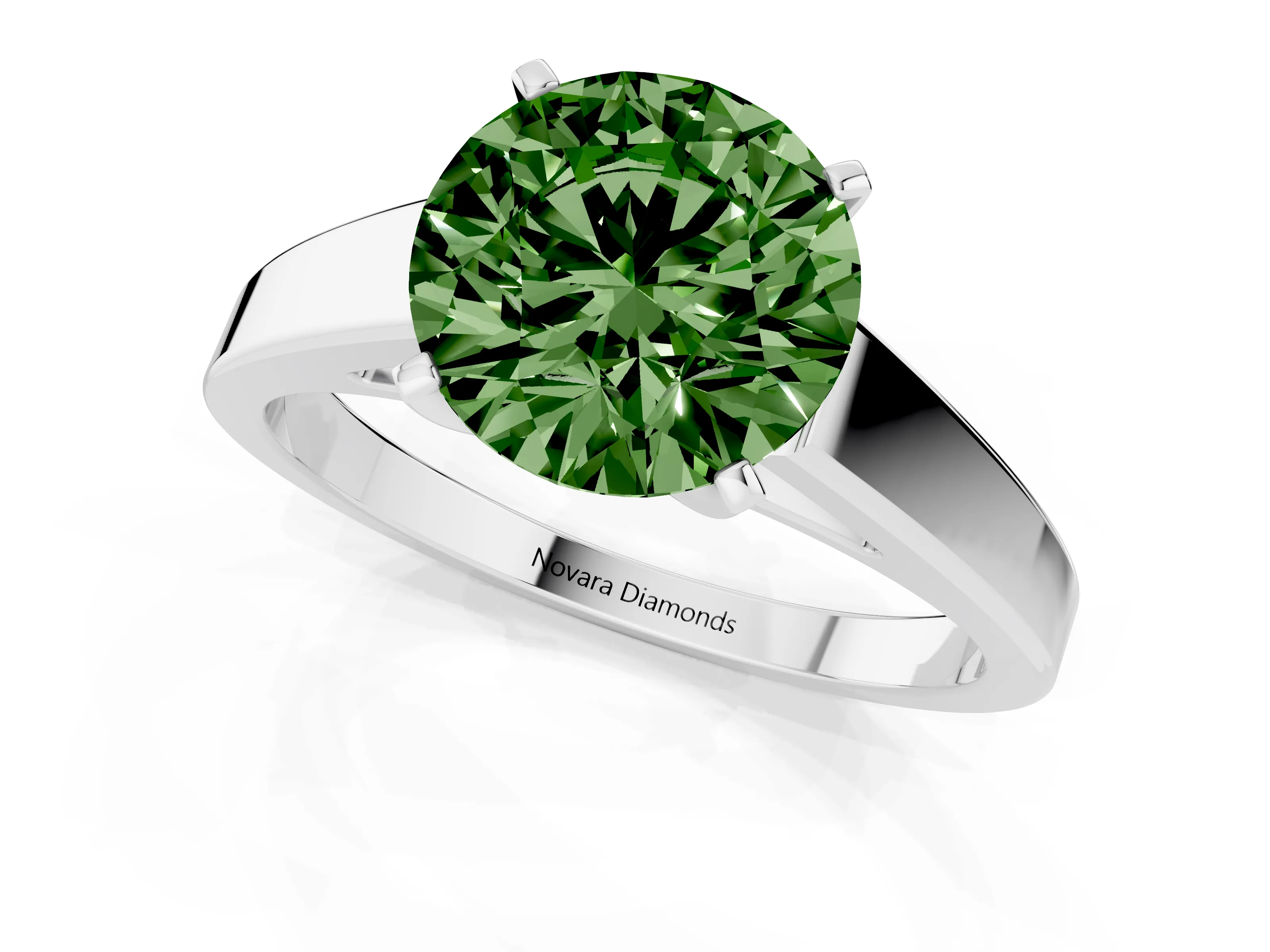 Fancy Green Round Cut Diamond Solitaire Engagement Ring Set in White gold with Prong Setting and Tapered Band