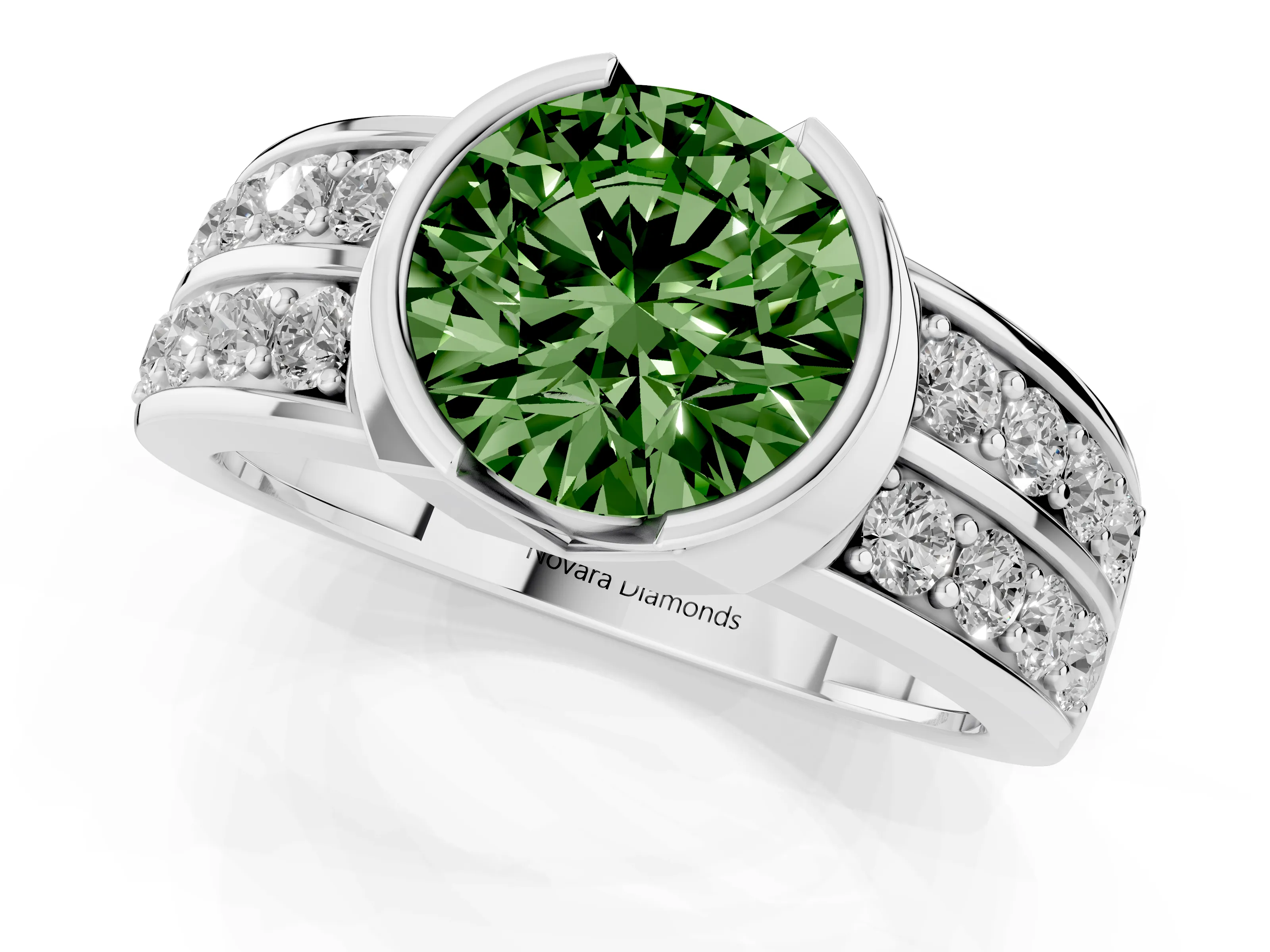Fancy Green Round Cut Diamond Wide Channel Set Band Ring Set in Platinum with Bezel Setting
